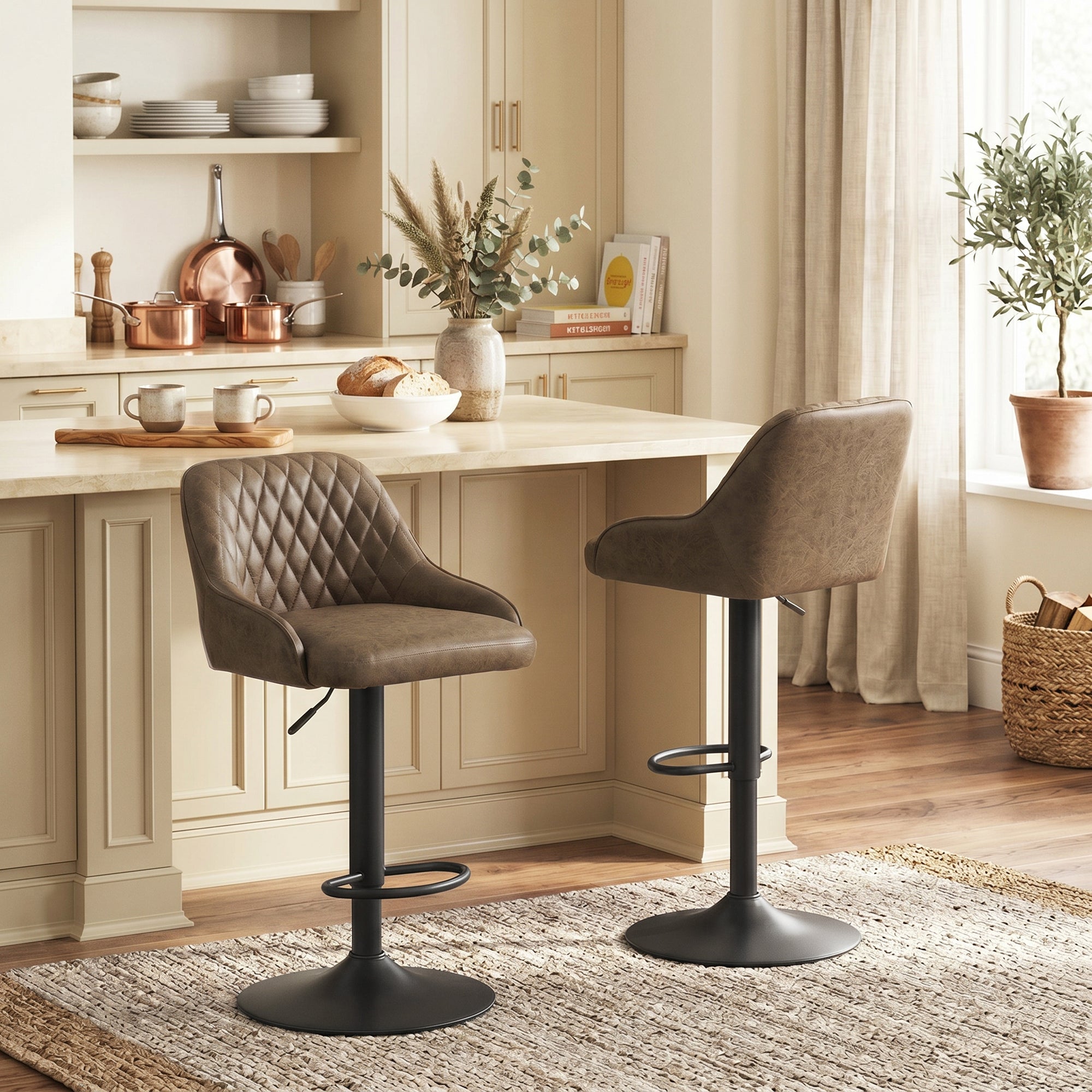 Lot de 2 Tabourets de Bar, Tabourets Hauts Cuisine avec Siège Pivotant et Hauteur Réglable, Chaises de Bar en PU avec Dossier pour Îlot de Cuisine, Salle à Manger, Marron Foncé