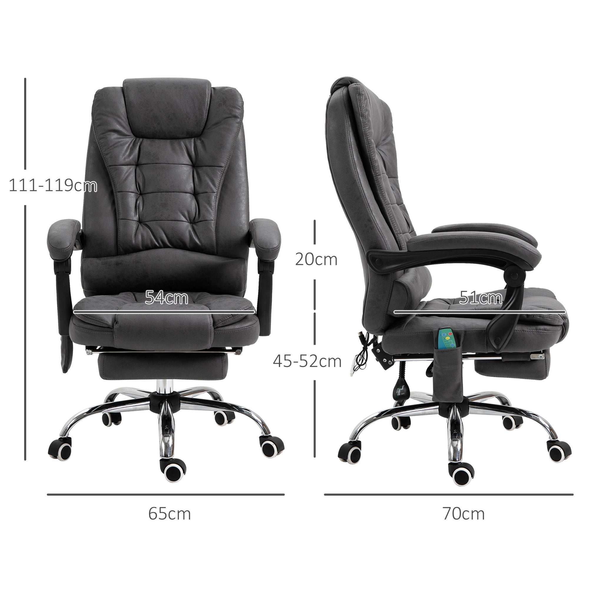 Fauteuil de bureau massant et chauffant, chaise de bureau ergonomique hauteur réglable, dossier inclinable, repose-pieds, télécommande filaire, pivotant 360°, tissu en microfibre, gris foncé