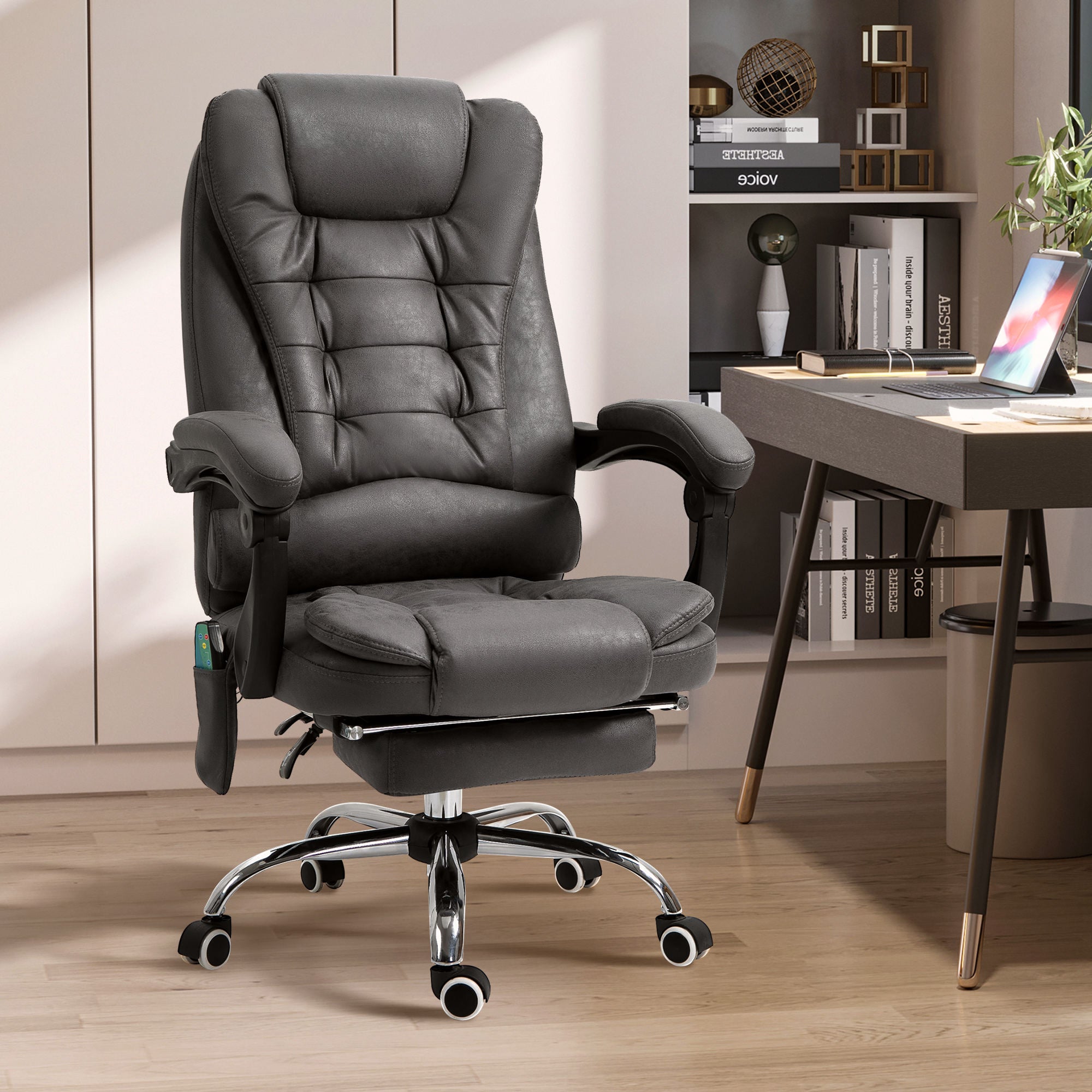Fauteuil de bureau massant et chauffant, chaise de bureau ergonomique hauteur réglable, dossier inclinable, repose-pieds, télécommande filaire, pivotant 360°, tissu en microfibre, gris foncé
