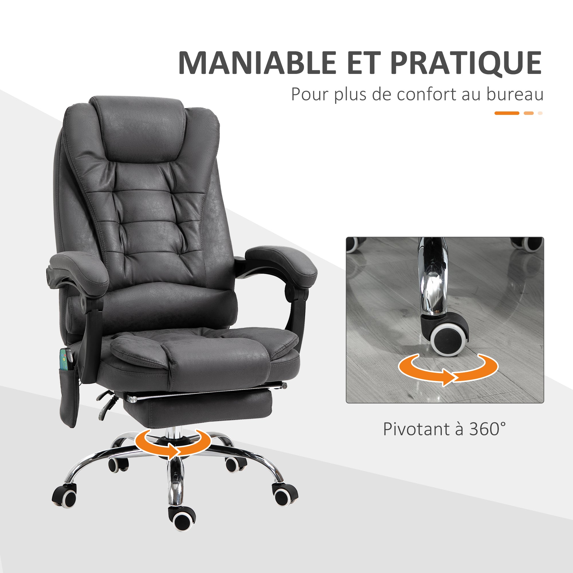 Fauteuil de bureau massant et chauffant, chaise de bureau ergonomique hauteur réglable, dossier inclinable, repose-pieds, télécommande filaire, pivotant 360°, tissu en microfibre, gris foncé