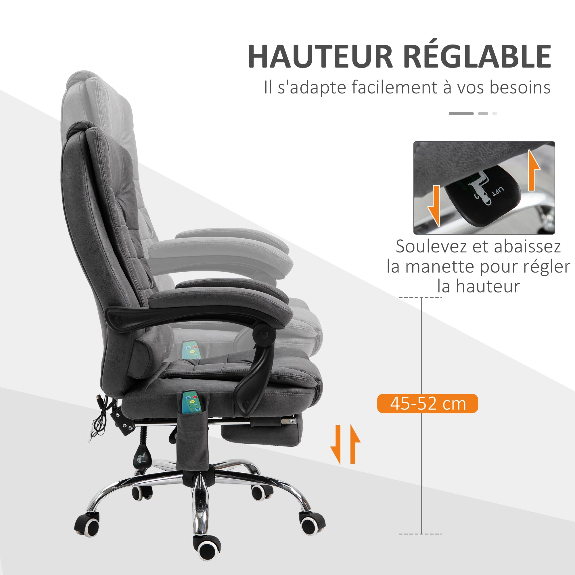 Fauteuil de bureau massant et chauffant, chaise de bureau ergonomique hauteur réglable, dossier inclinable, repose-pieds, télécommande filaire, pivotant 360°, tissu en microfibre, gris foncé