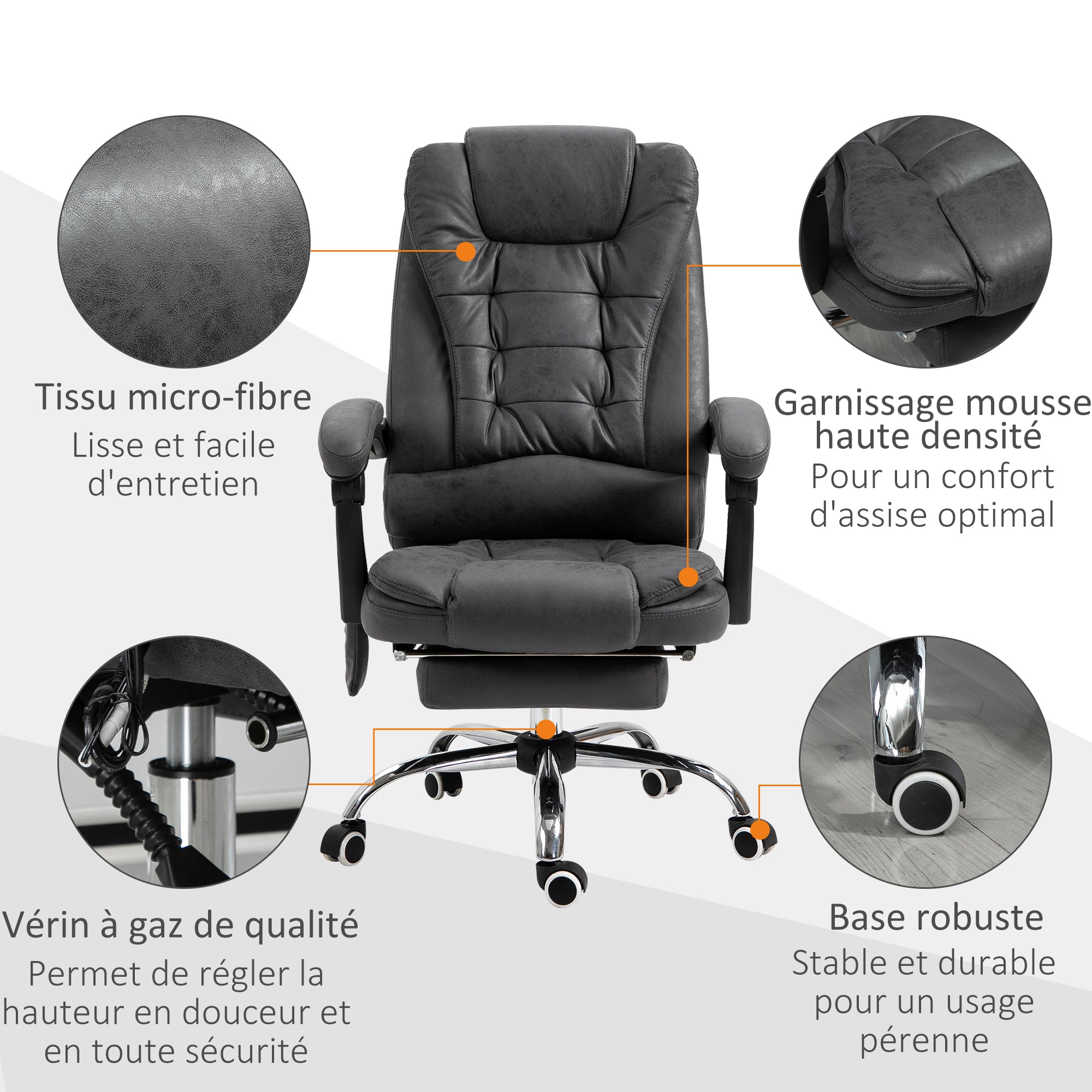 Fauteuil de bureau massant et chauffant, chaise de bureau ergonomique hauteur réglable, dossier inclinable, repose-pieds, télécommande filaire, pivotant 360°, tissu en microfibre, gris foncé
