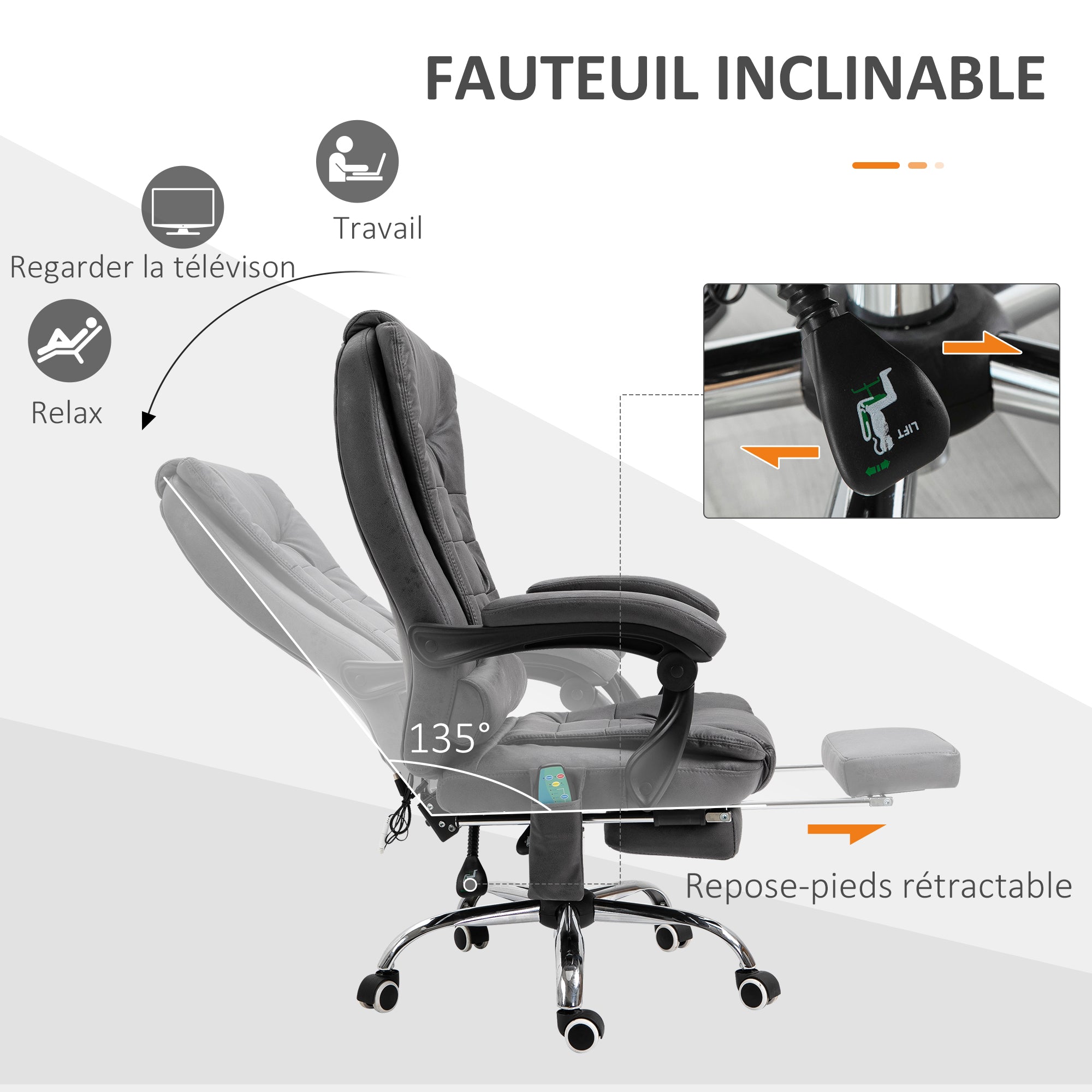 Fauteuil de bureau massant et chauffant, chaise de bureau ergonomique hauteur réglable, dossier inclinable, repose-pieds, télécommande filaire, pivotant 360°, tissu en microfibre, gris foncé