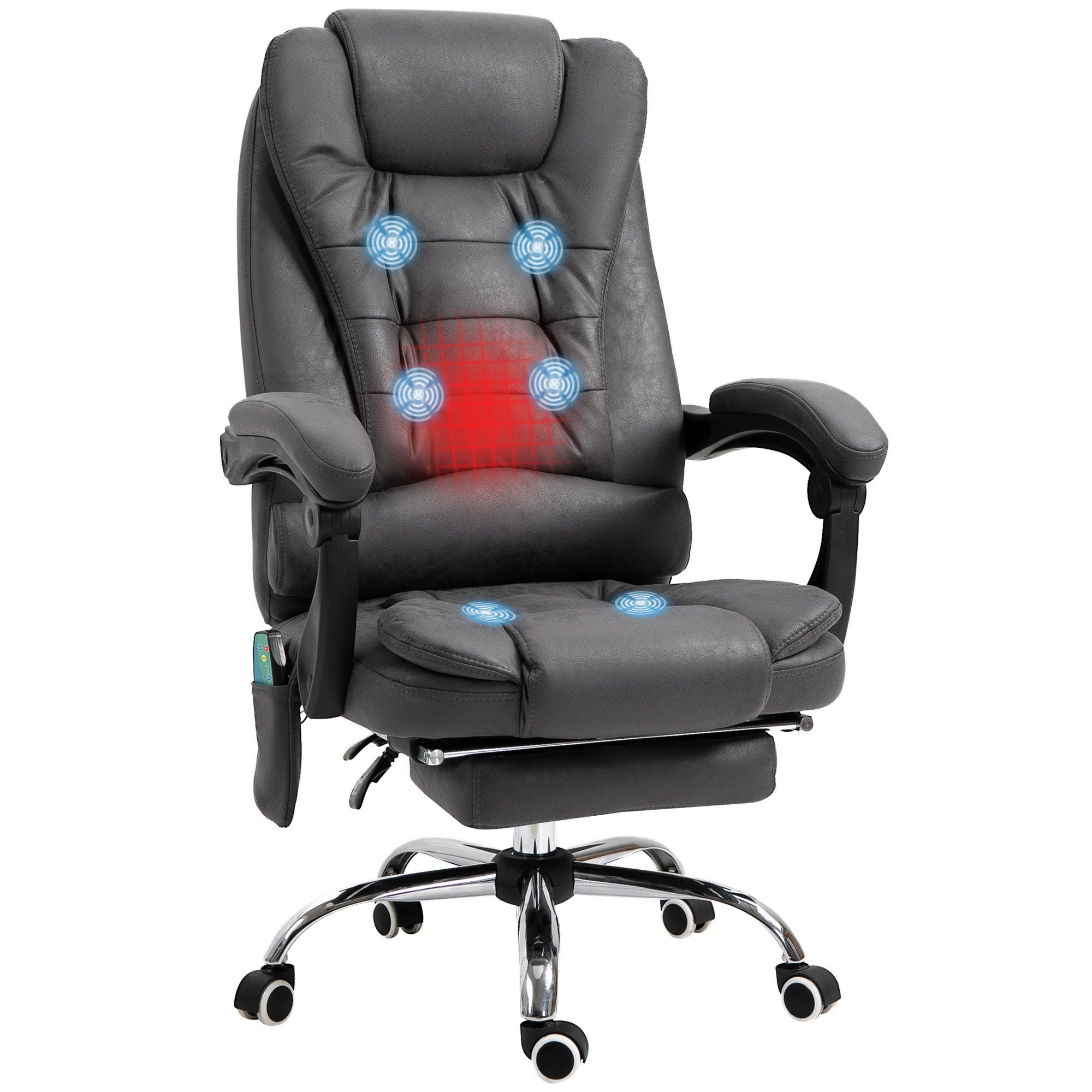 Fauteuil de bureau massant et chauffant, chaise de bureau ergonomique hauteur réglable, dossier inclinable, repose-pieds, télécommande filaire, pivotant 360°, tissu en microfibre, gris foncé