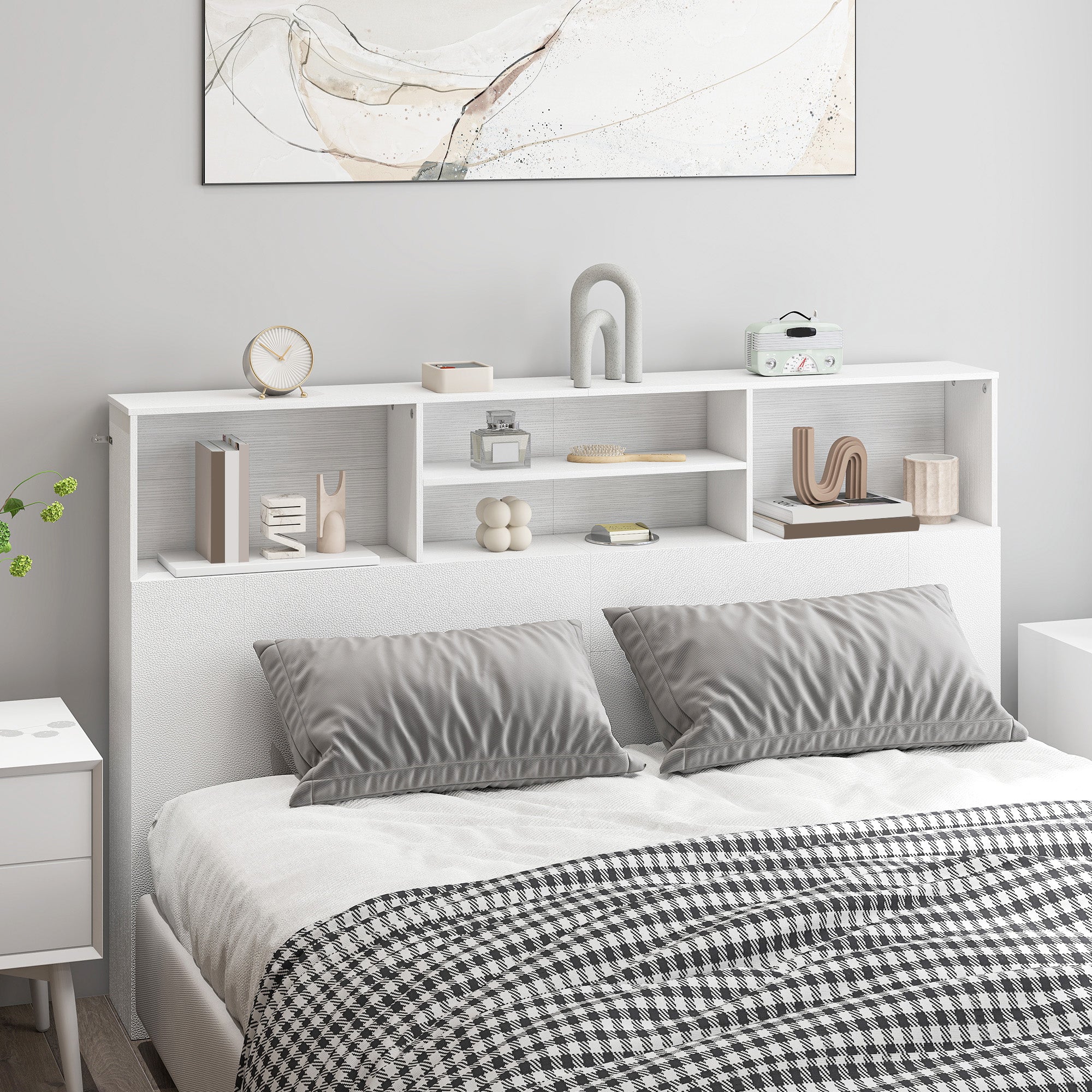 Tête de lit sur pied 160 cm avec rangements, accessoire de lit moderne avec 4 compartiments ouverts pour chambre, 160 x 20,2 x 108,2 cm, blanc