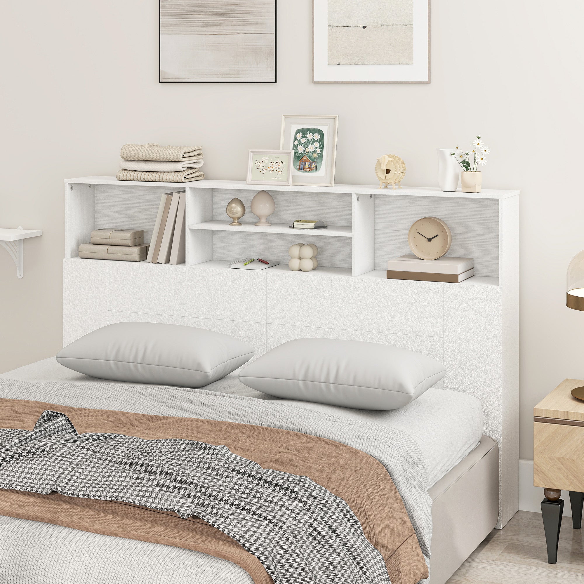 Tête de lit sur pied 160 cm avec rangements, accessoire de lit moderne avec 4 compartiments ouverts pour chambre, 160 x 20,2 x 108,2 cm, blanc