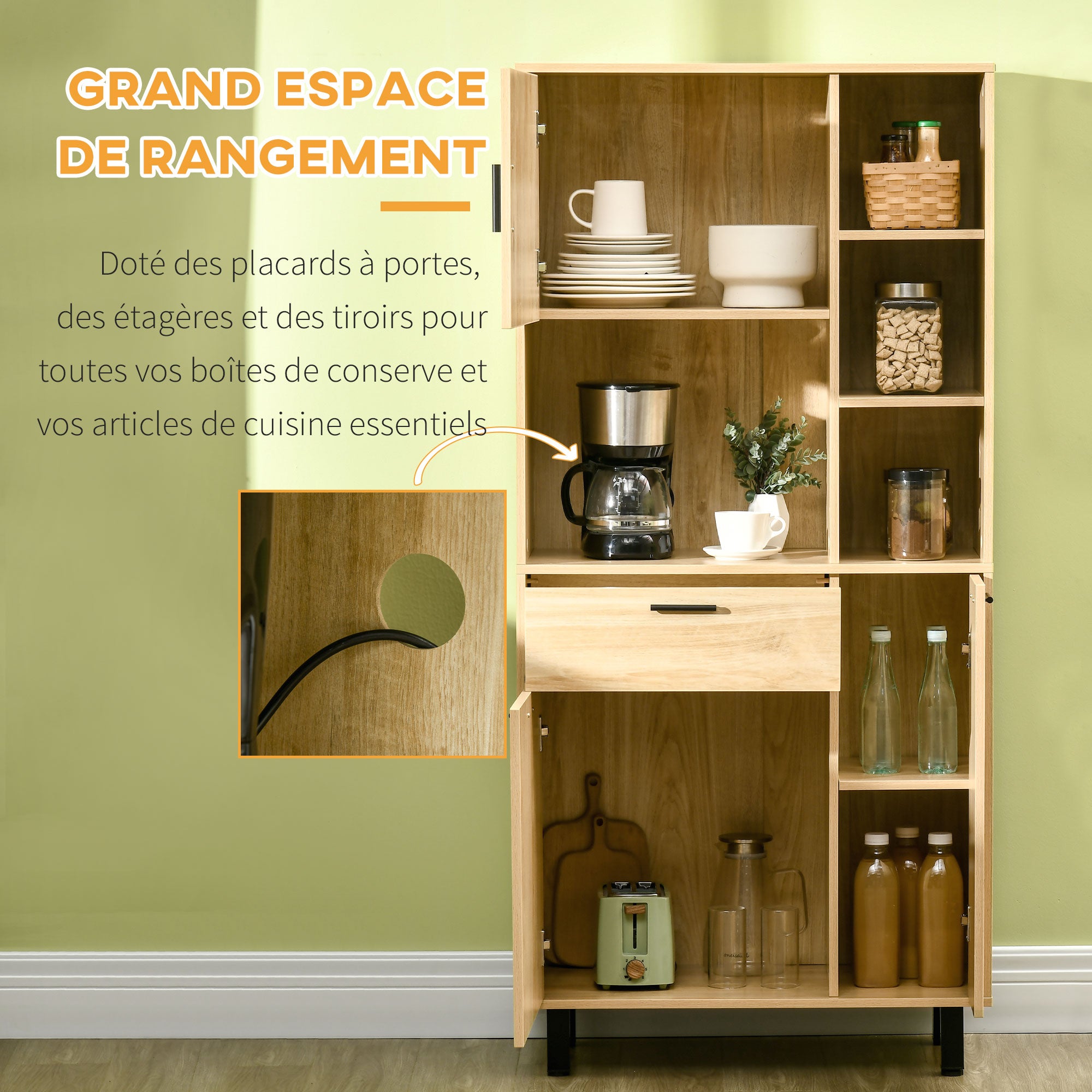 Buffet de cuisine armoire de cuisine multi-rangements avec un tiroir, 3 placards, 4 niches et passe-câbles hauteur 166 cm