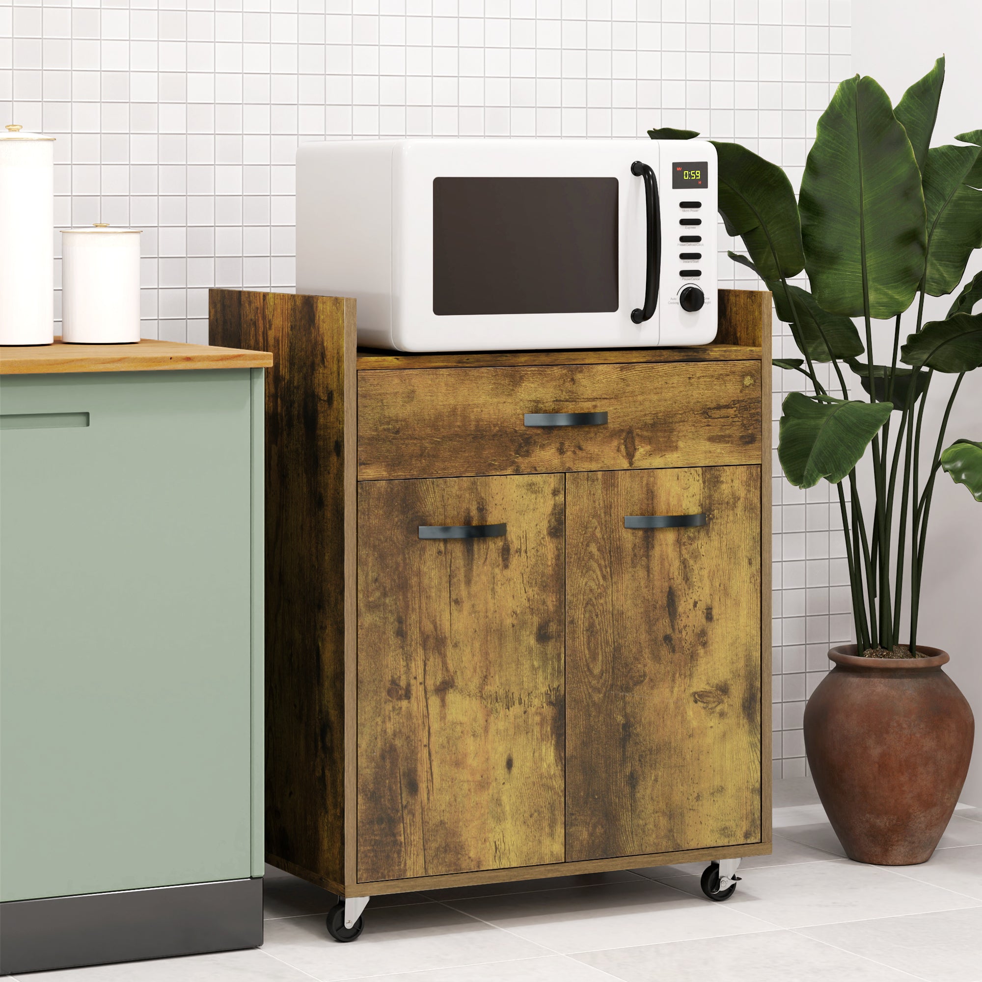 Chariot de service desserte de cuisine à roulettes tiroir placard 2 portes étagère en bois effet bois d'acajou