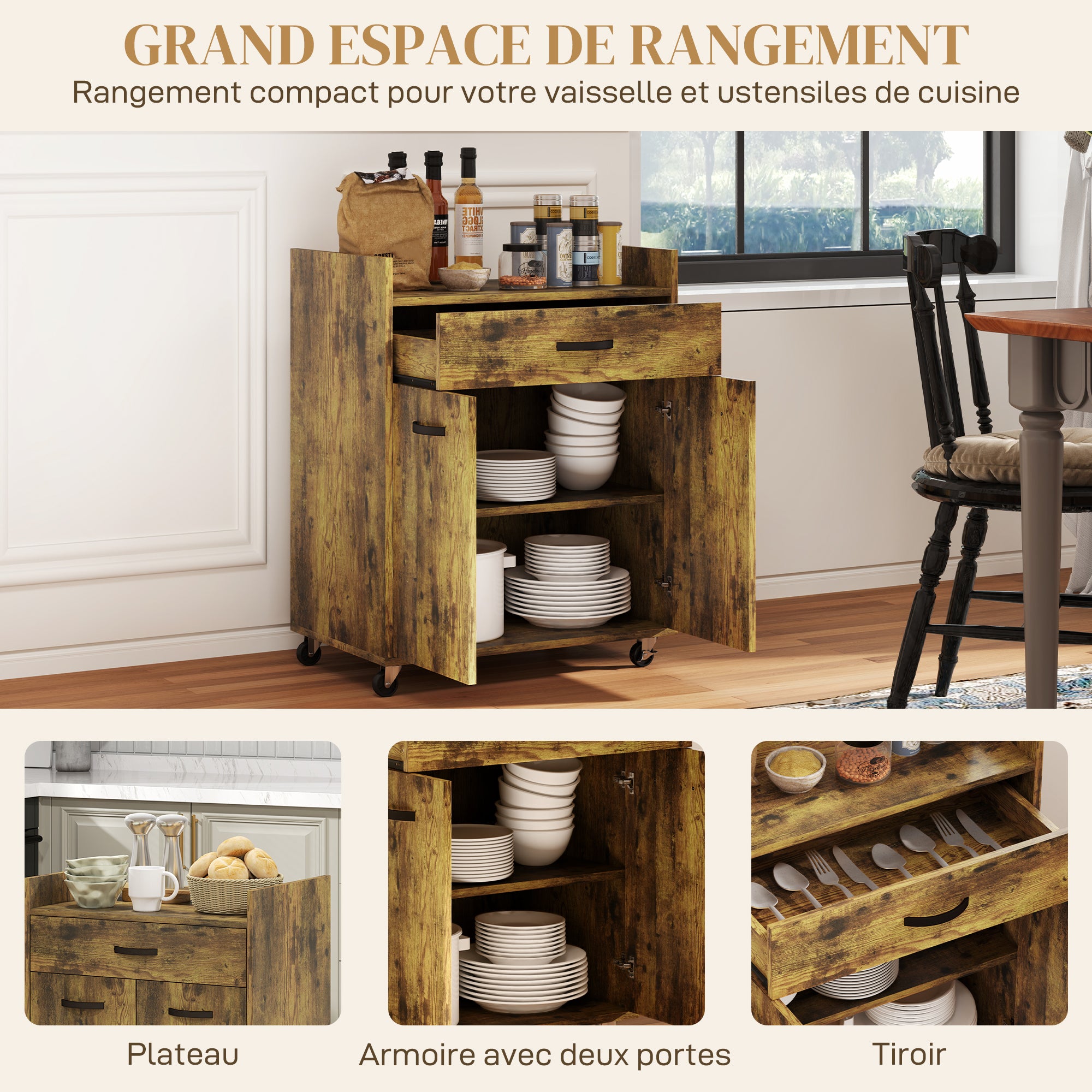 Chariot de service desserte de cuisine à roulettes tiroir placard 2 portes étagère en bois effet bois d'acajou