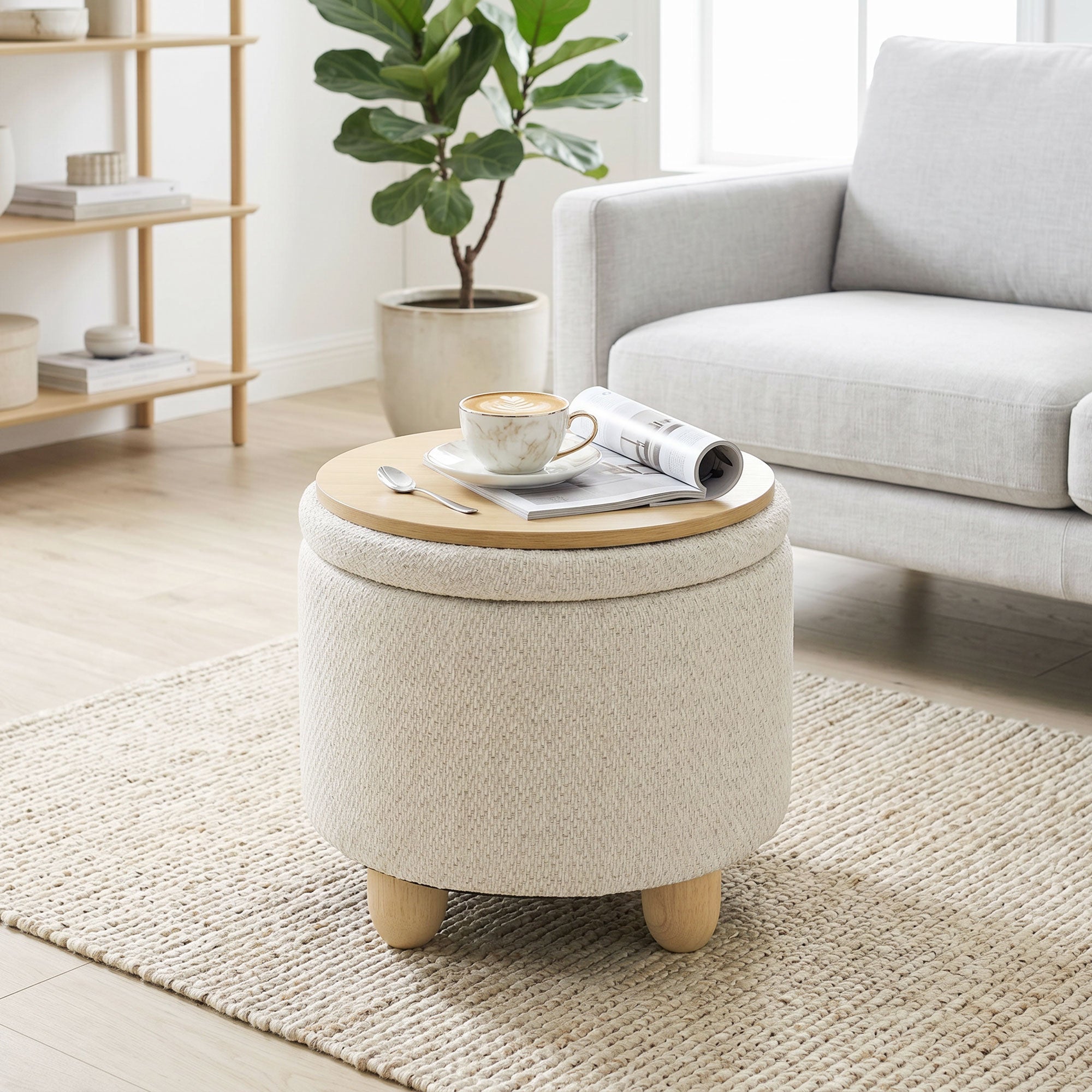 Pouf Coffre de Rangement Rond en Toile de Jute, Repose-pieds avec Couvercle, Pieds Bois Hévéa, Tabouret de Rangement pour Chambre, Couloir, Salon, Ø 38,5 x 33,5 cm, Beige