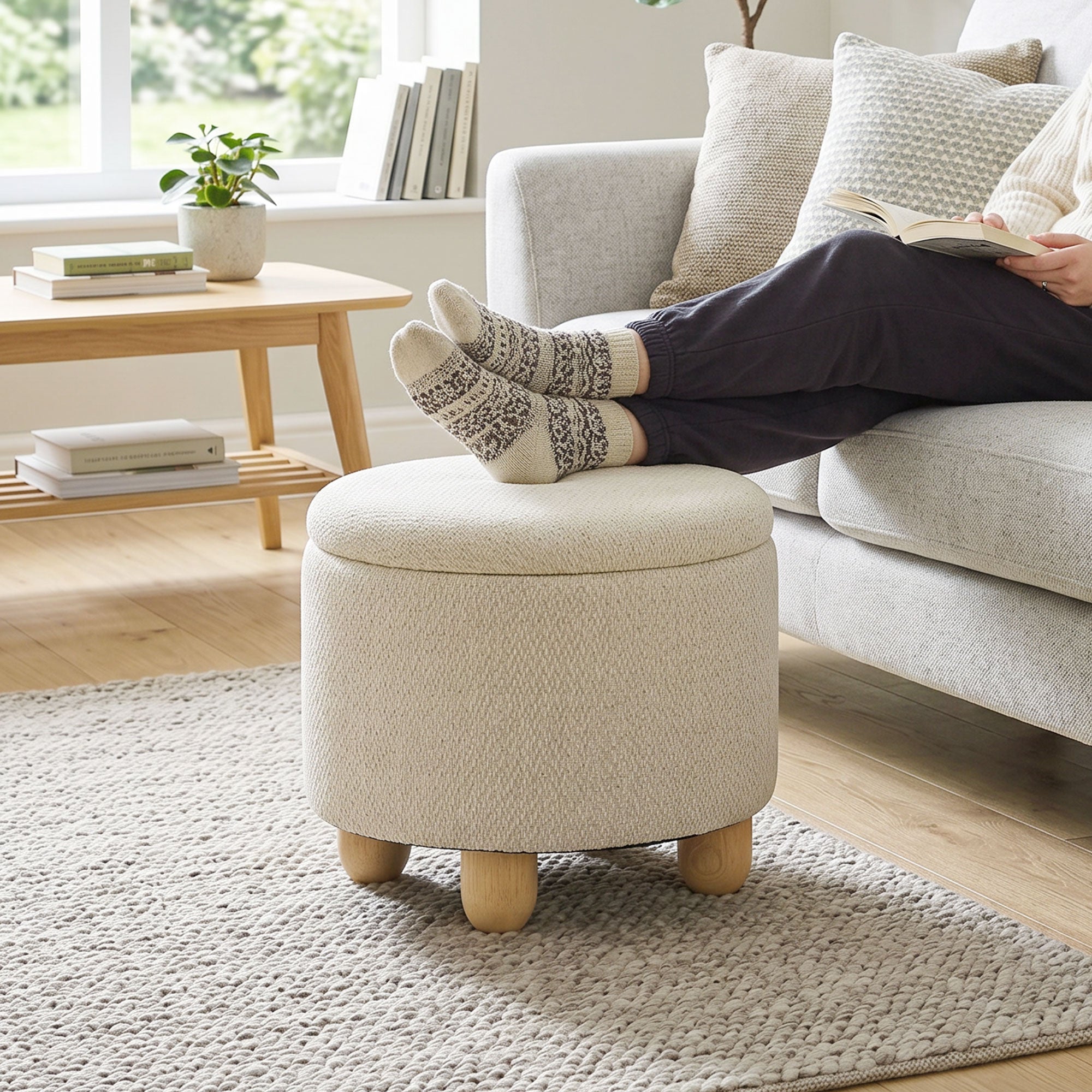 Pouf Coffre de Rangement Rond en Toile de Jute, Repose-pieds avec Couvercle, Pieds Bois Hévéa, Tabouret de Rangement pour Chambre, Couloir, Salon, Ø 38,5 x 33,5 cm, Beige