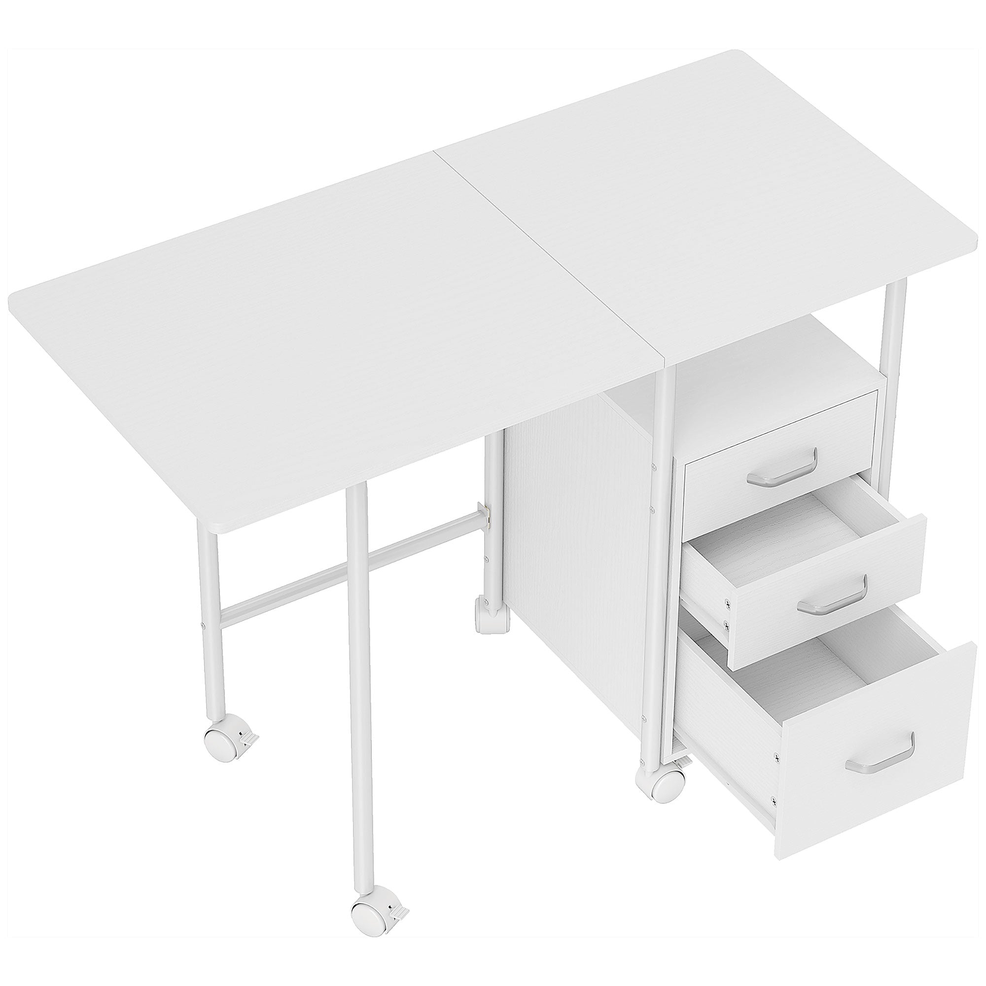 Bureau pliable sur roulettes avec 3 tiroirs, bureau d'ordinateur, plateau extensible, cadre en acier, 105x51x75,5cm, pour télétravail, chambre, salle d'étude, style moderne, blanc