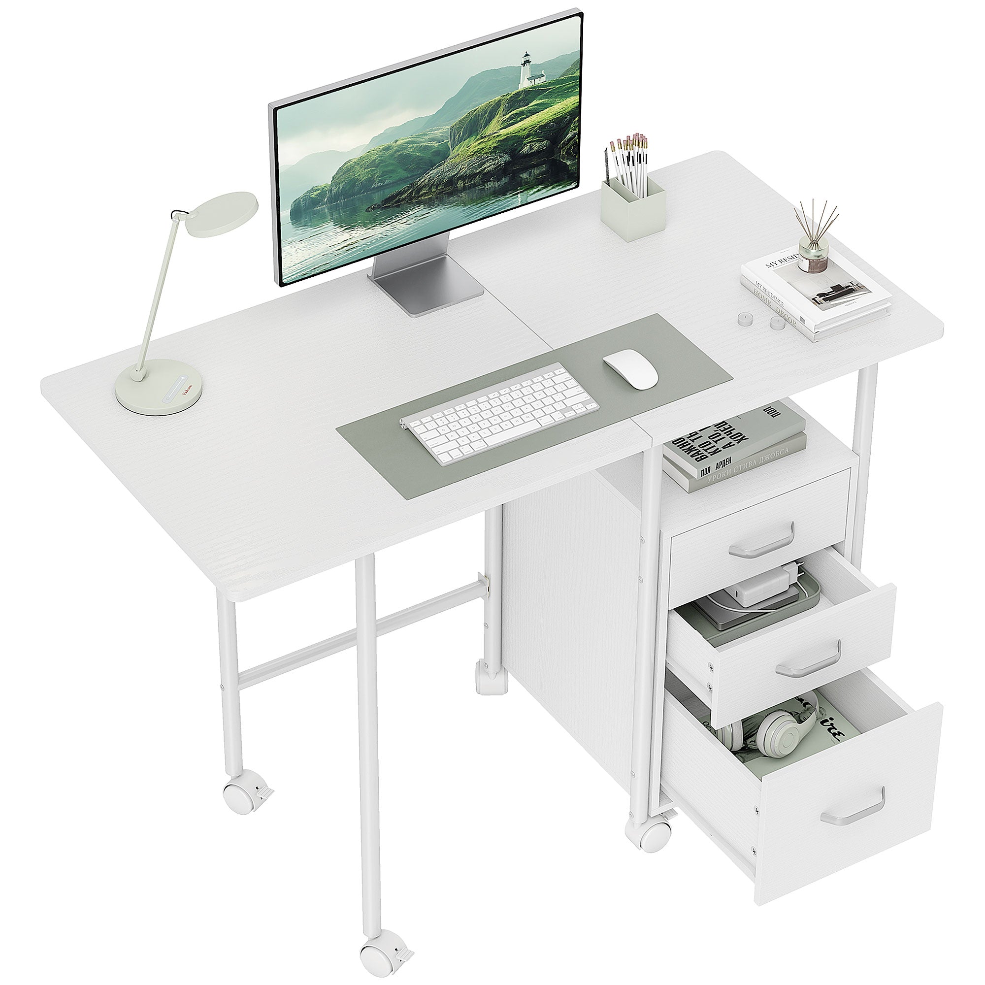 Bureau pliable sur roulettes avec 3 tiroirs, bureau d'ordinateur, plateau extensible, cadre en acier, 105x51x75,5cm, pour télétravail, chambre, salle d'étude, style moderne, blanc