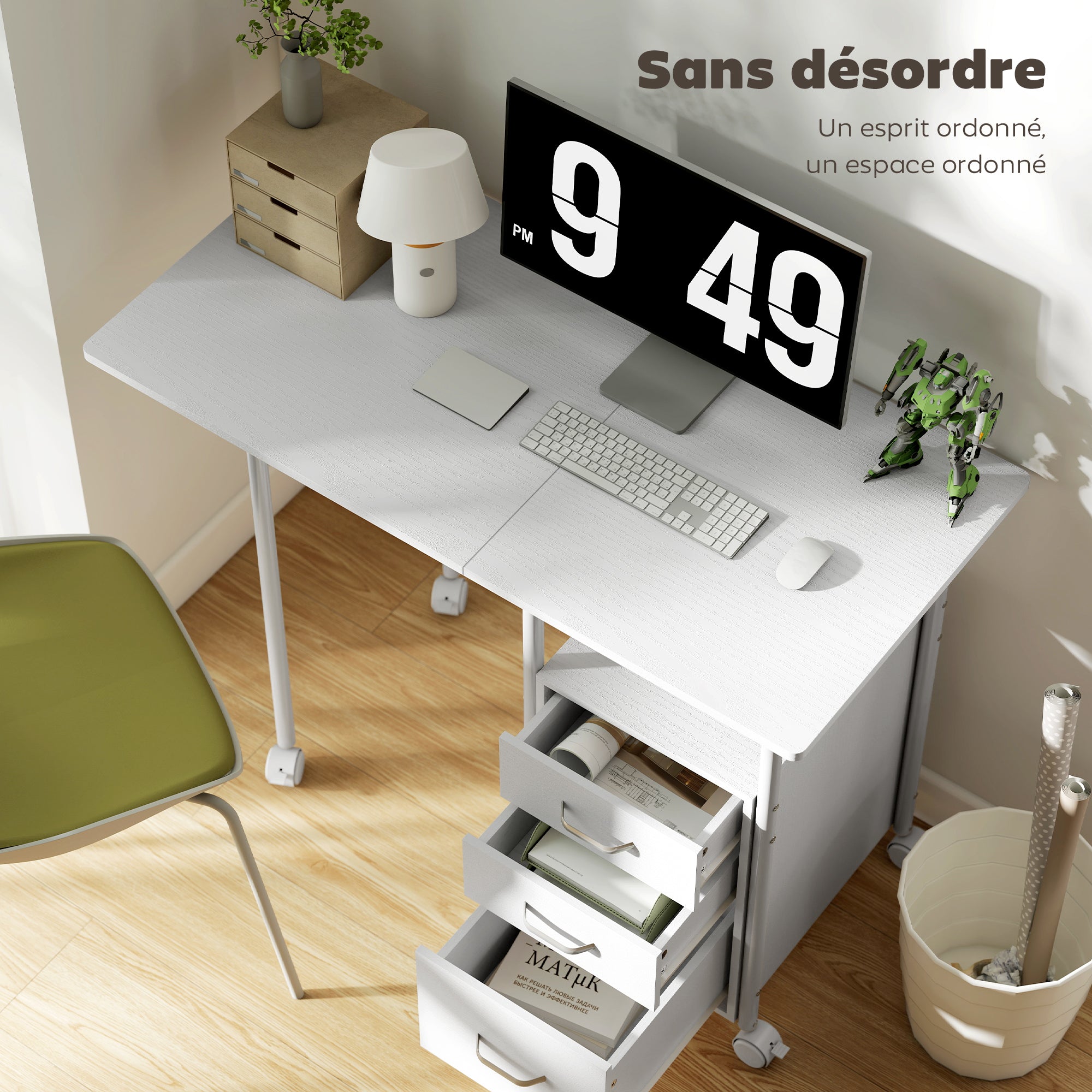 Bureau pliable sur roulettes avec 3 tiroirs, bureau d'ordinateur, plateau extensible, cadre en acier, 105x51x75,5cm, pour télétravail, chambre, salle d'étude, style moderne, blanc