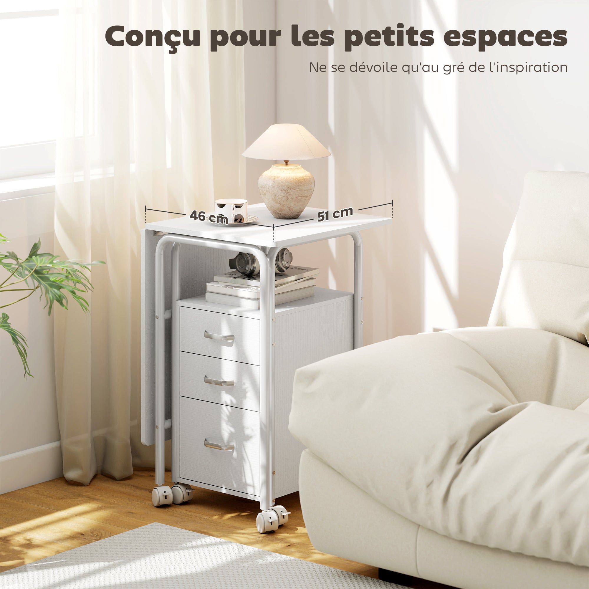 Bureau pliable sur roulettes avec 3 tiroirs, bureau d'ordinateur, plateau extensible, cadre en acier, 105x51x75,5cm, pour télétravail, chambre, salle d'étude, style moderne, blanc