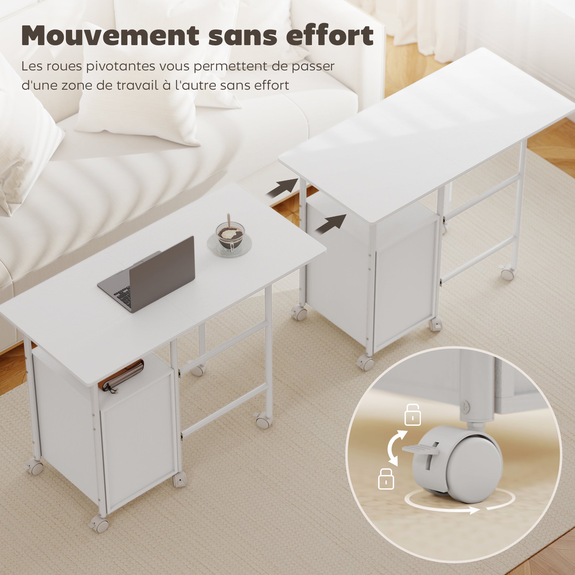 Bureau pliable sur roulettes avec 3 tiroirs, bureau d'ordinateur, plateau extensible, cadre en acier, 105x51x75,5cm, pour télétravail, chambre, salle d'étude, style moderne, blanc