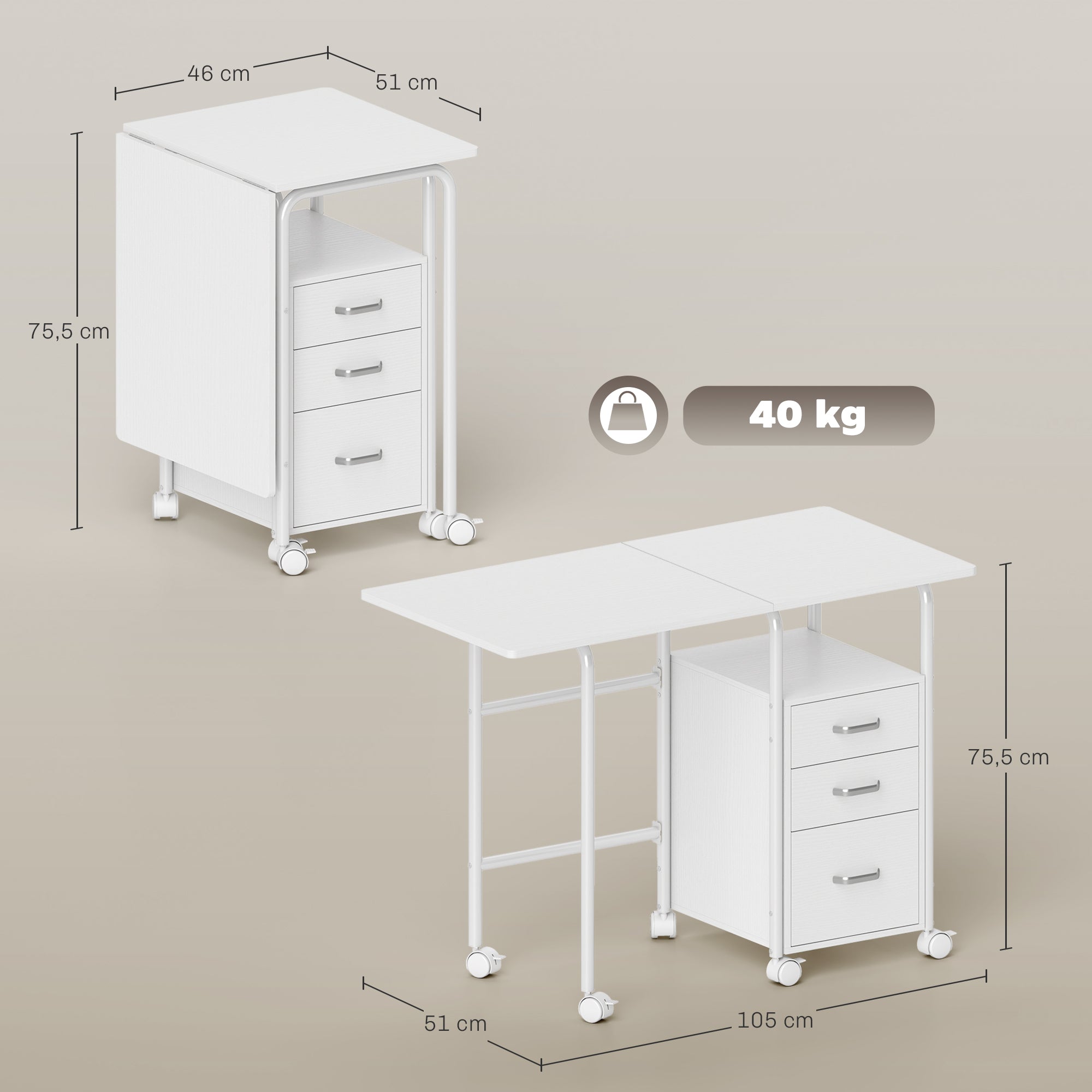 Bureau pliable sur roulettes avec 3 tiroirs, bureau d'ordinateur, plateau extensible, cadre en acier, 105x51x75,5cm, pour télétravail, chambre, salle d'étude, style moderne, blanc