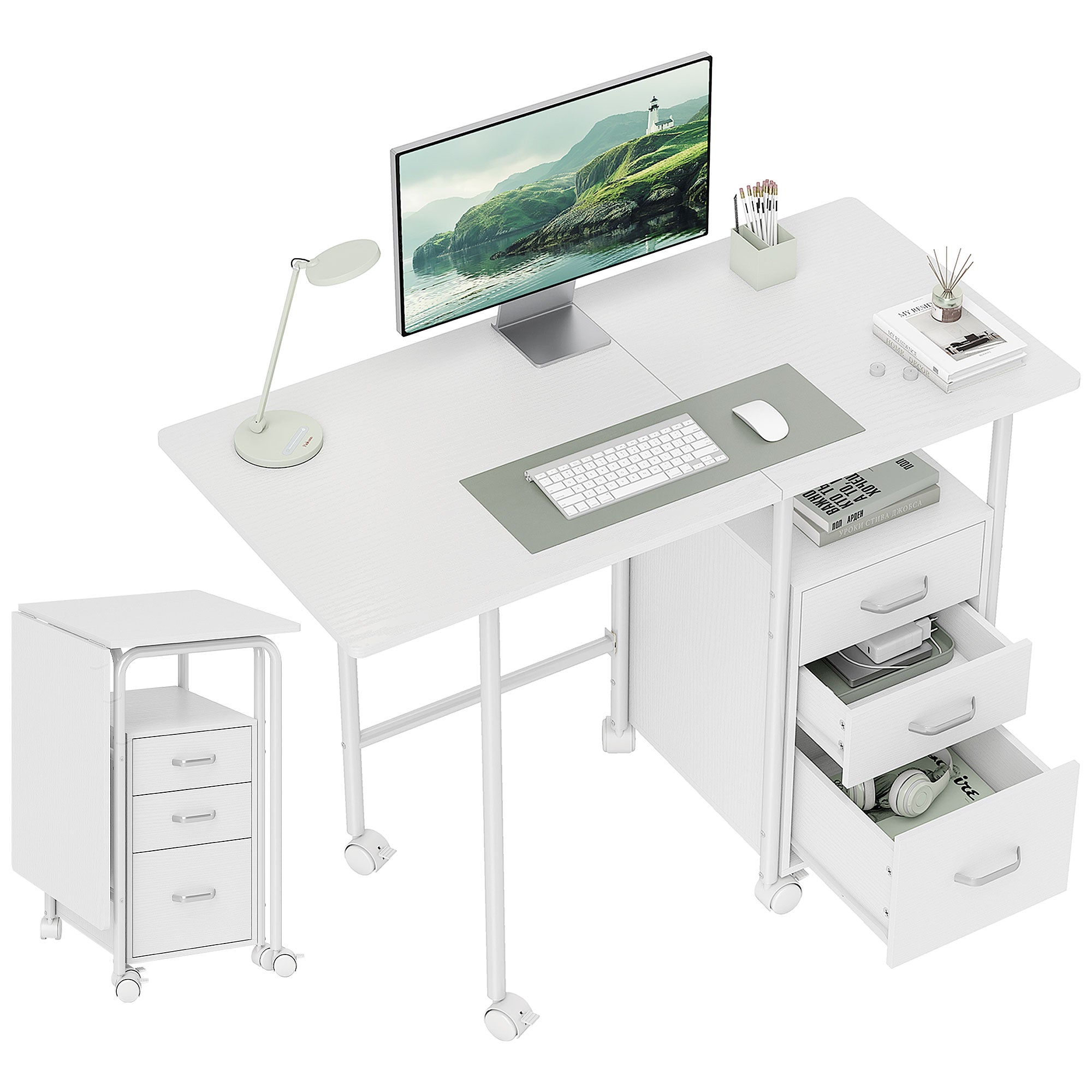 Bureau pliable sur roulettes avec 3 tiroirs, bureau d'ordinateur, plateau extensible, cadre en acier, 105x51x75,5cm, pour télétravail, chambre, salle d'étude, style moderne, blanc