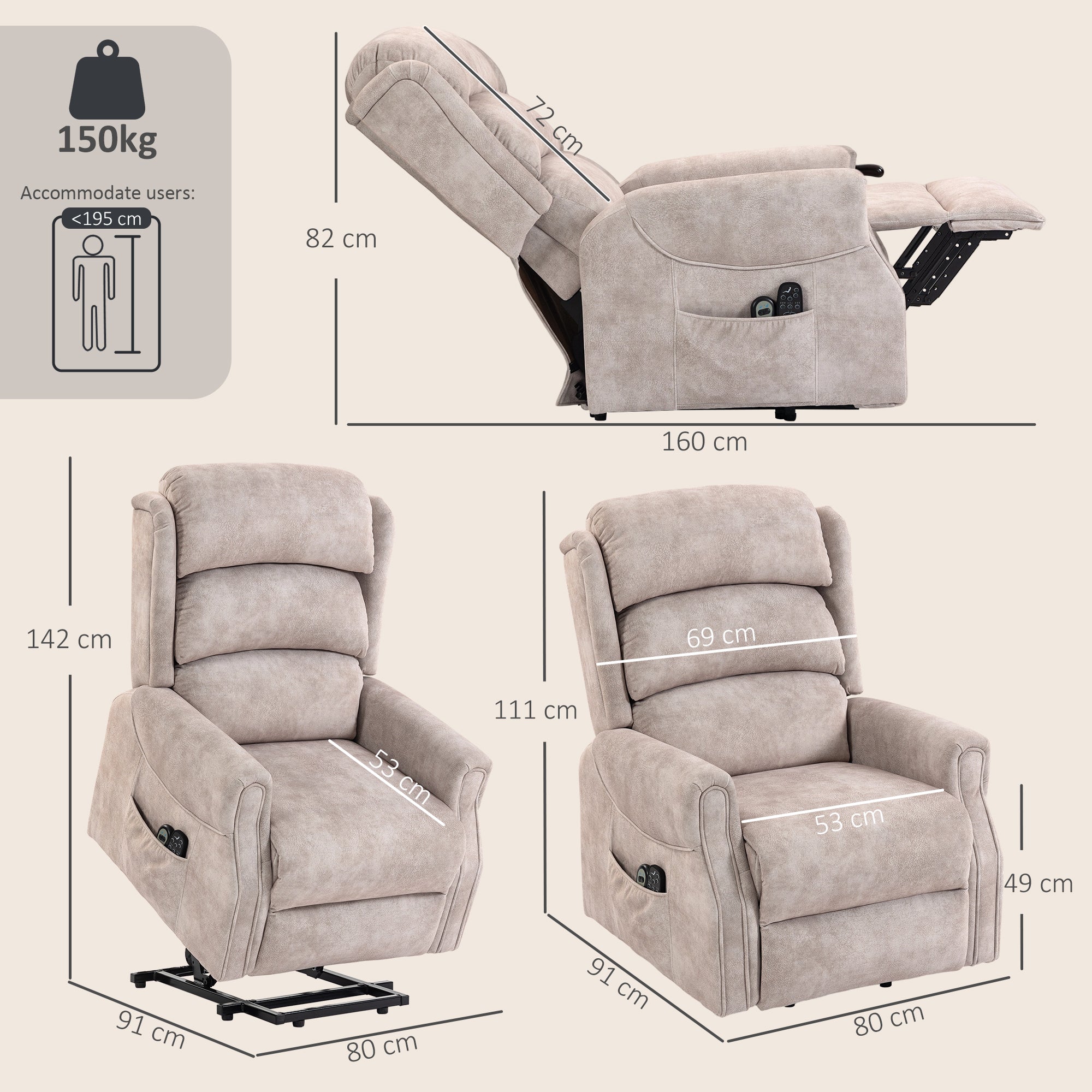 Fauteuil releveur électrique massage vibration et chaleur fauteuil relax électrique velours dossier inclinable coussin à ressorts poches latérales télécommande repose-pieds montage facile beige