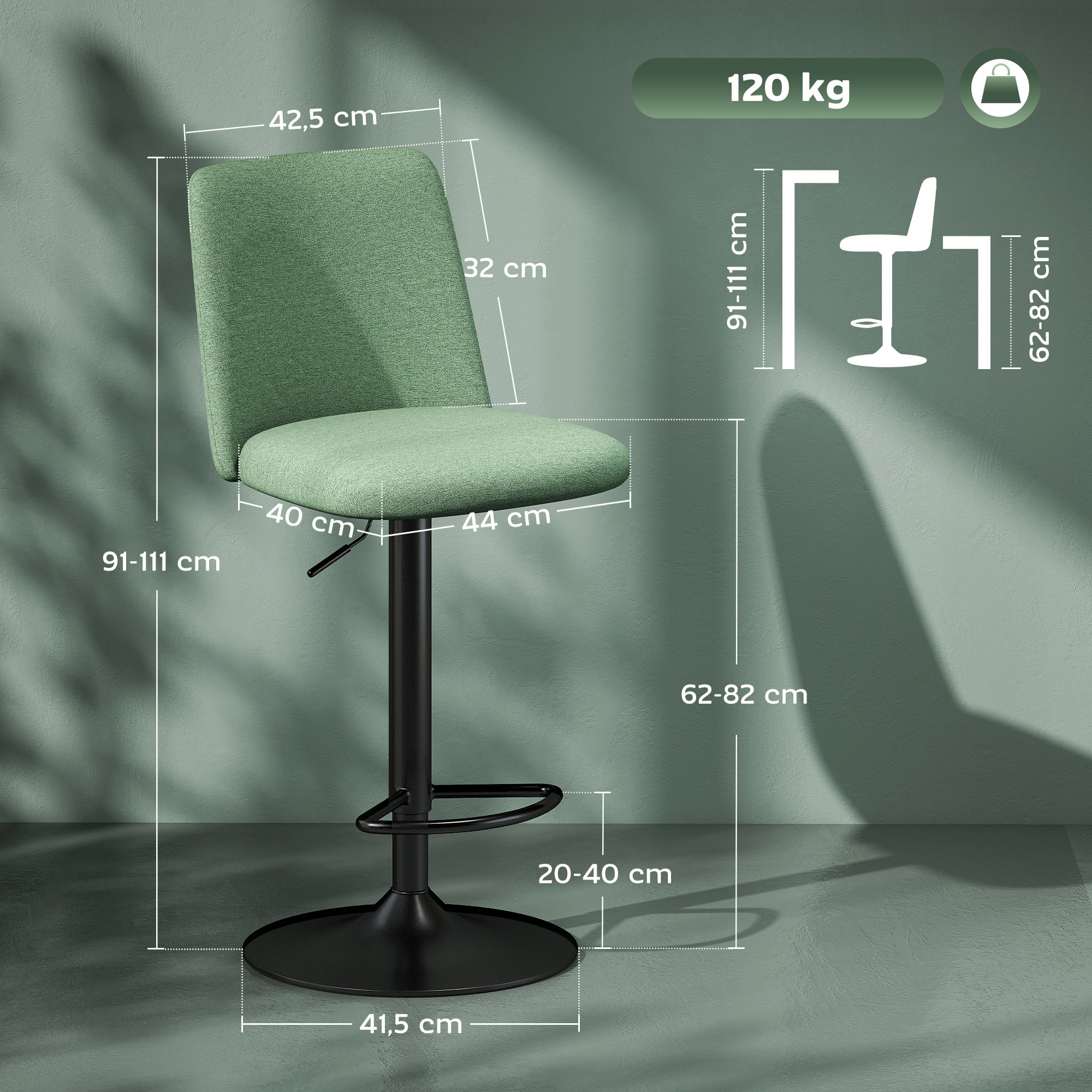 Lot de 2 tabourets de bar, chaises de bar pivotantes rembourrés à hauteur réglable, chaise haute cuisine avec dossier et repose-pieds, cadre en acier, vert