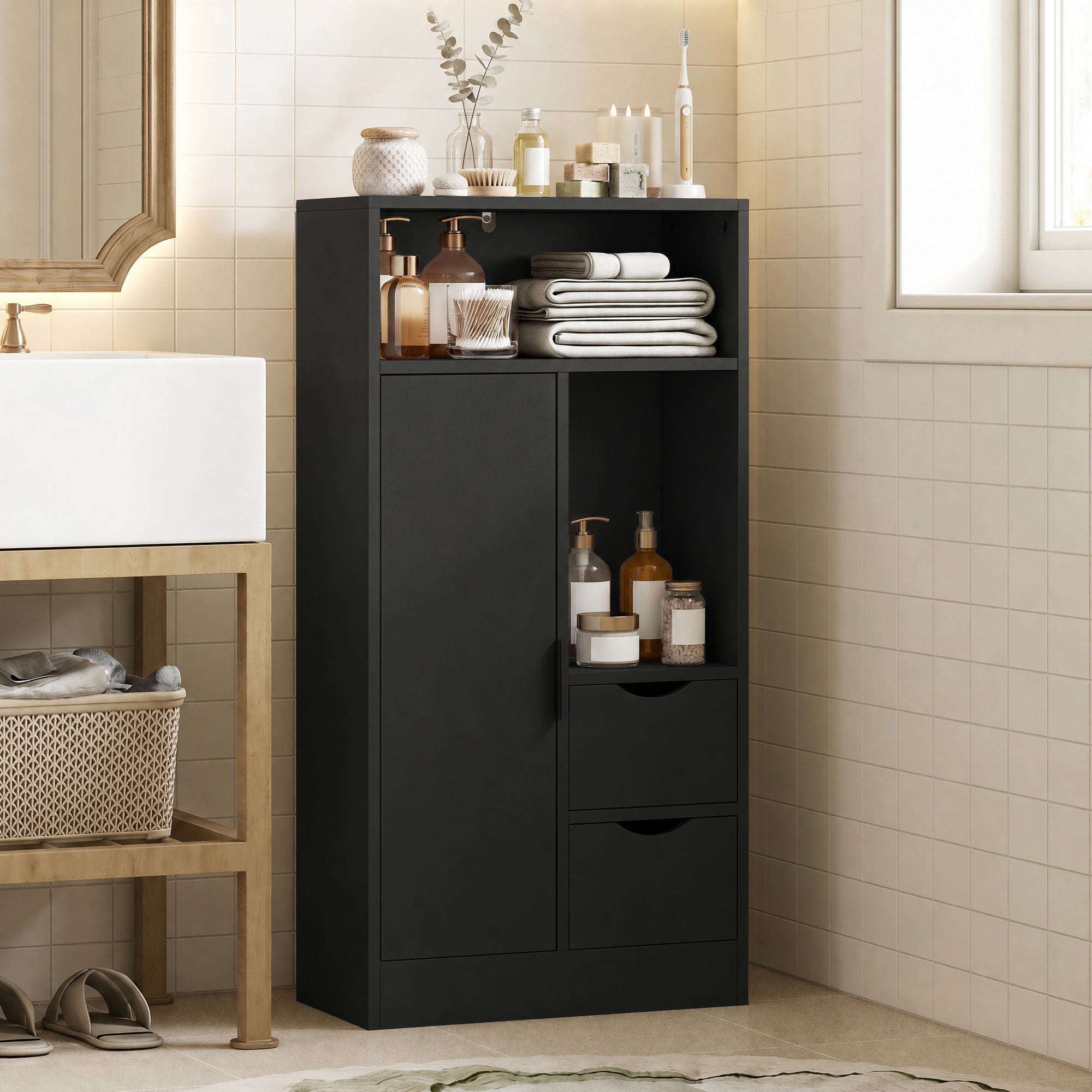 Meuble de salle de bain, meuble de rangement étroit avec 2 tiroirs, 1 porte, 2 compartiments ouverts et étagère réglable, armoire salle de bain, salon, chambre, 50 x 25 x 100 cm, noir