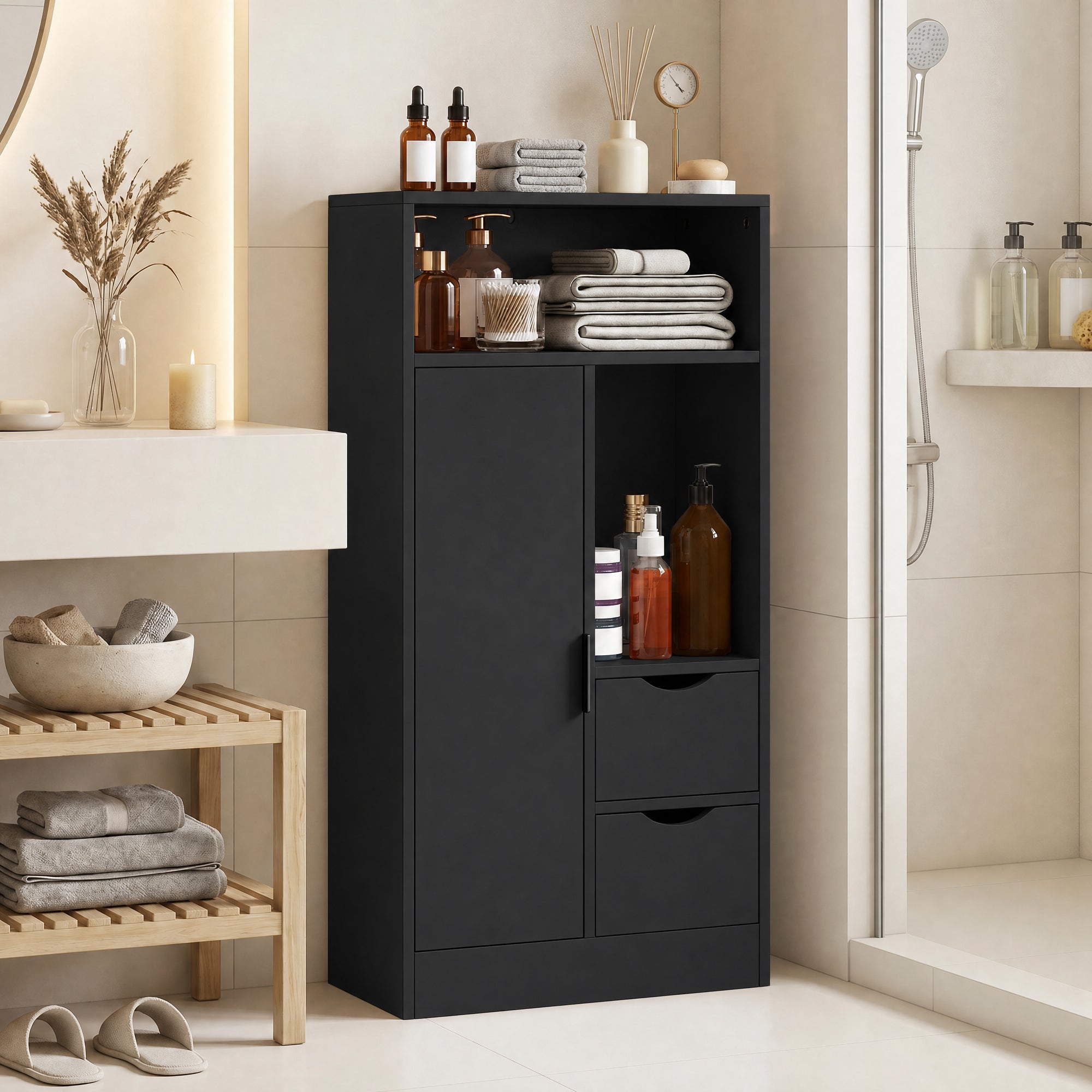 Meuble de salle de bain, meuble de rangement étroit avec 2 tiroirs, 1 porte, 2 compartiments ouverts et étagère réglable, armoire salle de bain, salon, chambre, 50 x 25 x 100 cm, noir