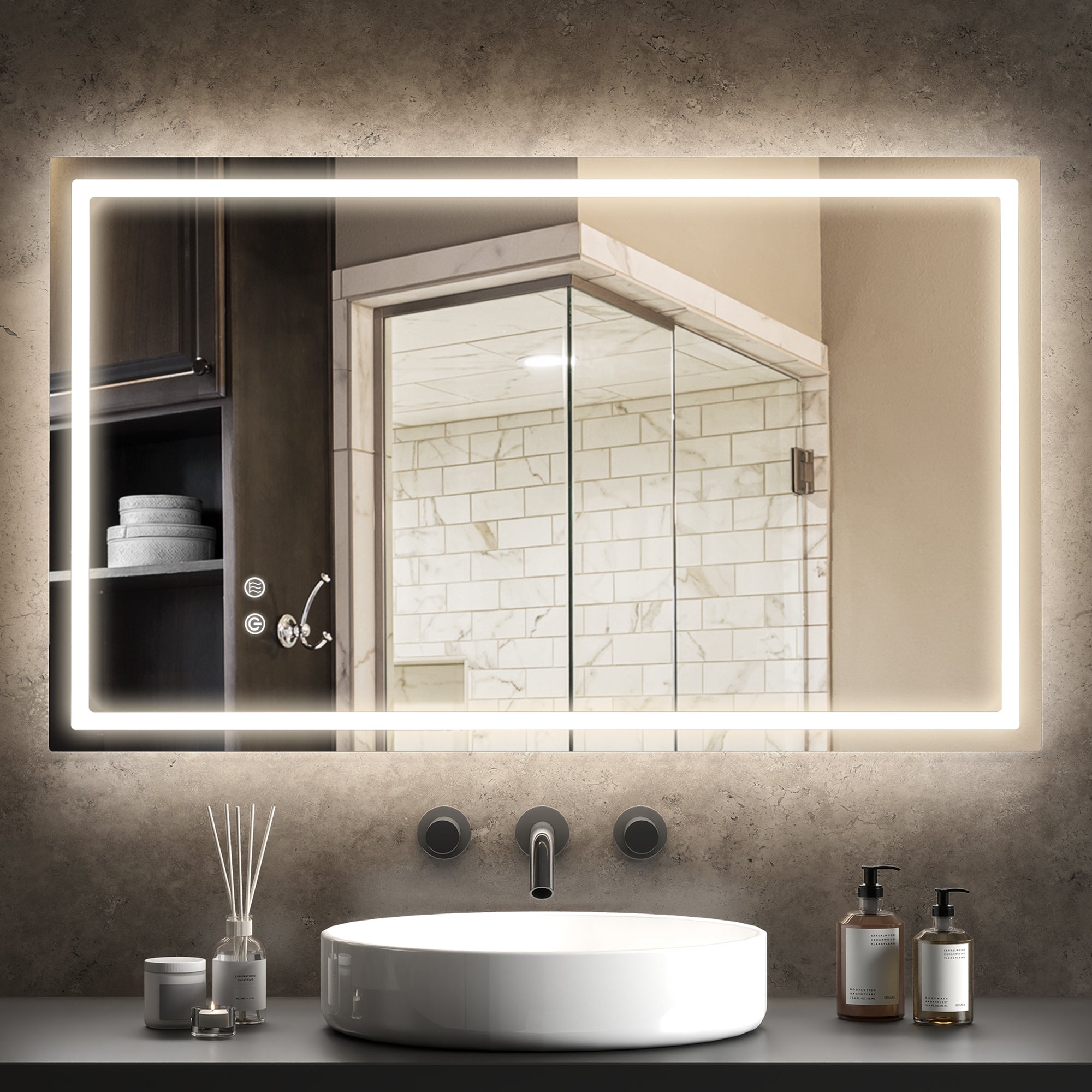 Miroir salle de bain éclairage LED 100 x 60 cm, miroir lumineux salle de bain mural avec interrupteur tactile, lumière réglable 3 couleurs, anti-buée, mémoire, IP44