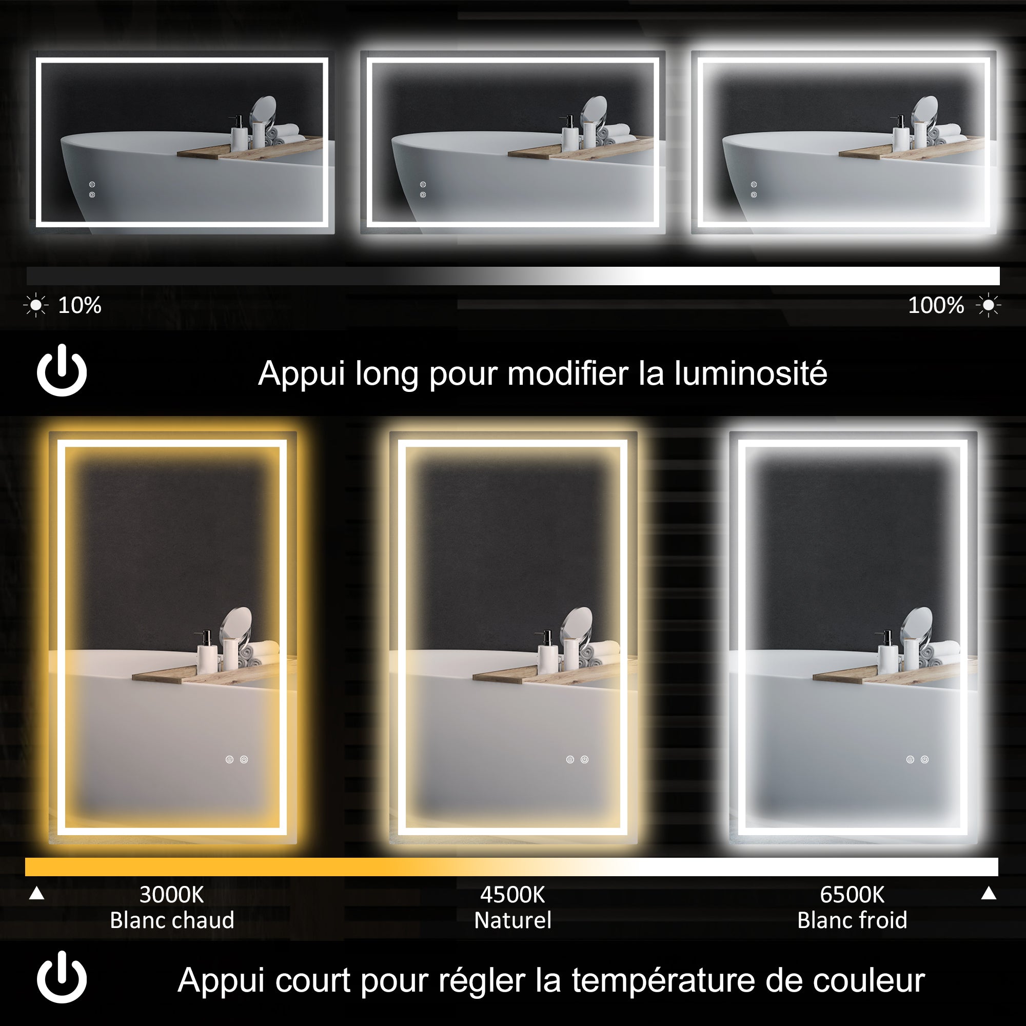 Miroir salle de bain éclairage LED 100 x 60 cm, miroir lumineux salle de bain mural avec interrupteur tactile, lumière réglable 3 couleurs, anti-buée, mémoire, IP44