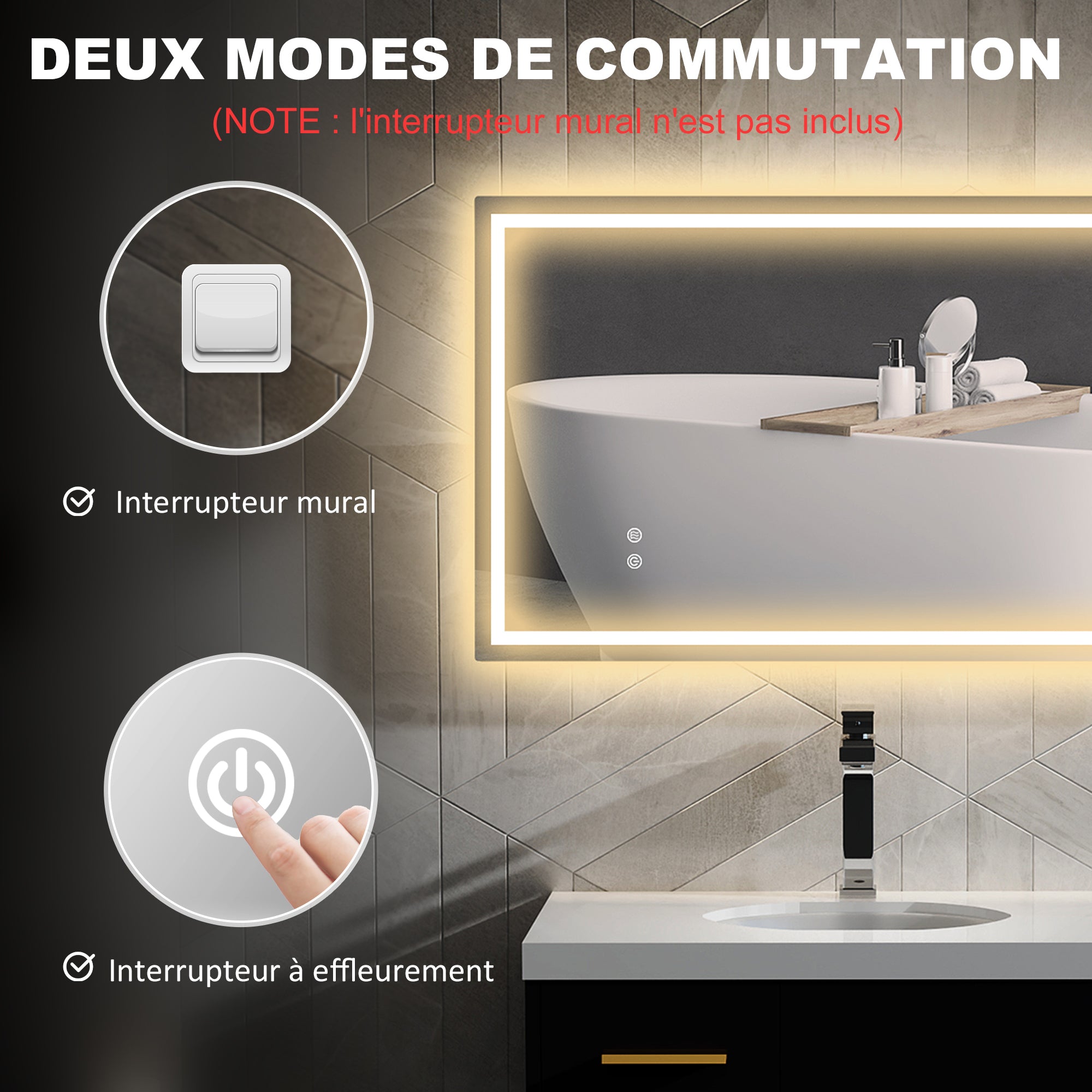 Miroir salle de bain éclairage LED 100 x 60 cm, miroir lumineux salle de bain mural avec interrupteur tactile, lumière réglable 3 couleurs, anti-buée, mémoire, IP44