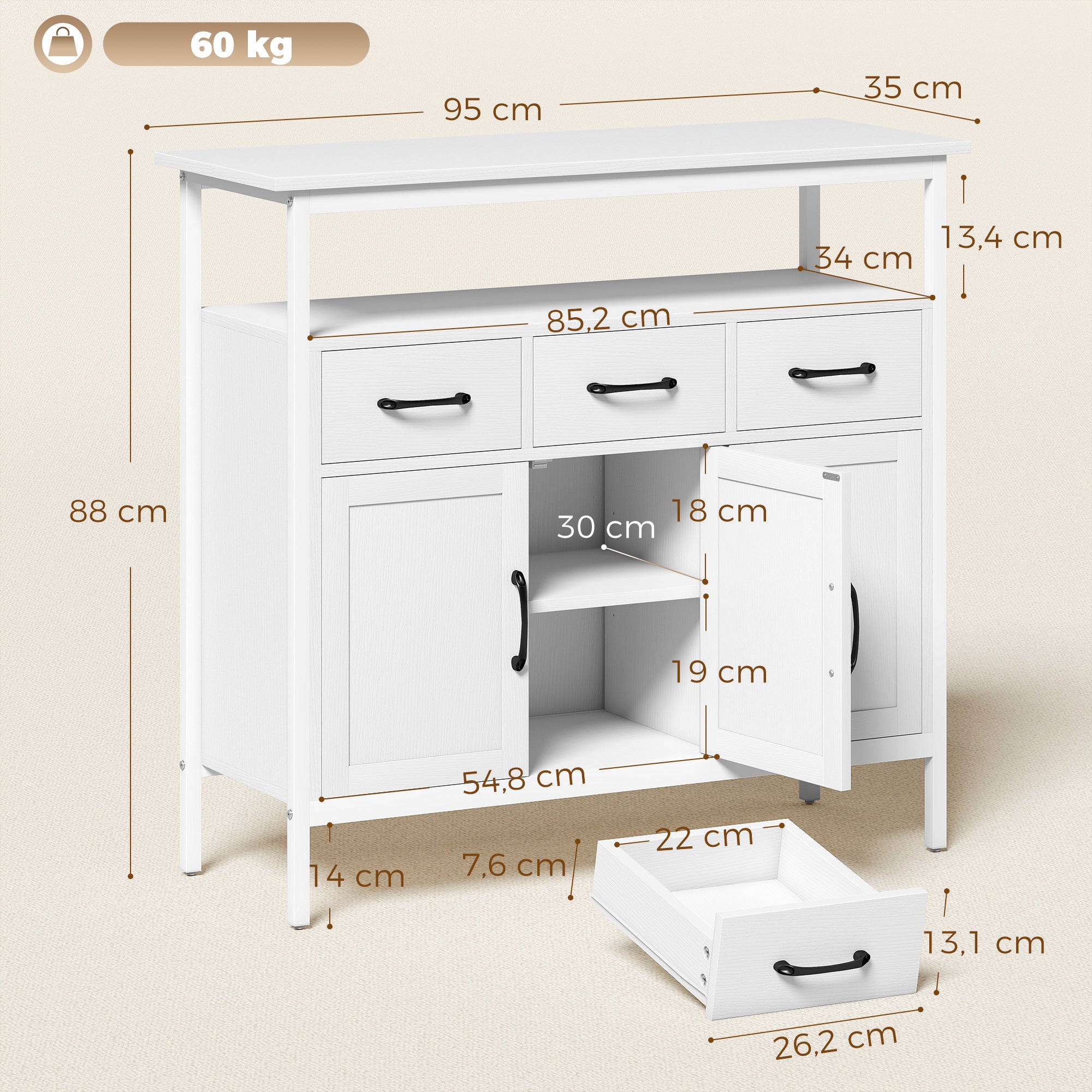 Buffet Cuisine, Meuble de Rangement avec 3 Portes, 3 Tiroirs, Compartiment Ouvert et Étagères Réglables, Style Moderne, pour Salon et Chambre, 95 x 35 x 88 cm, Blanc
