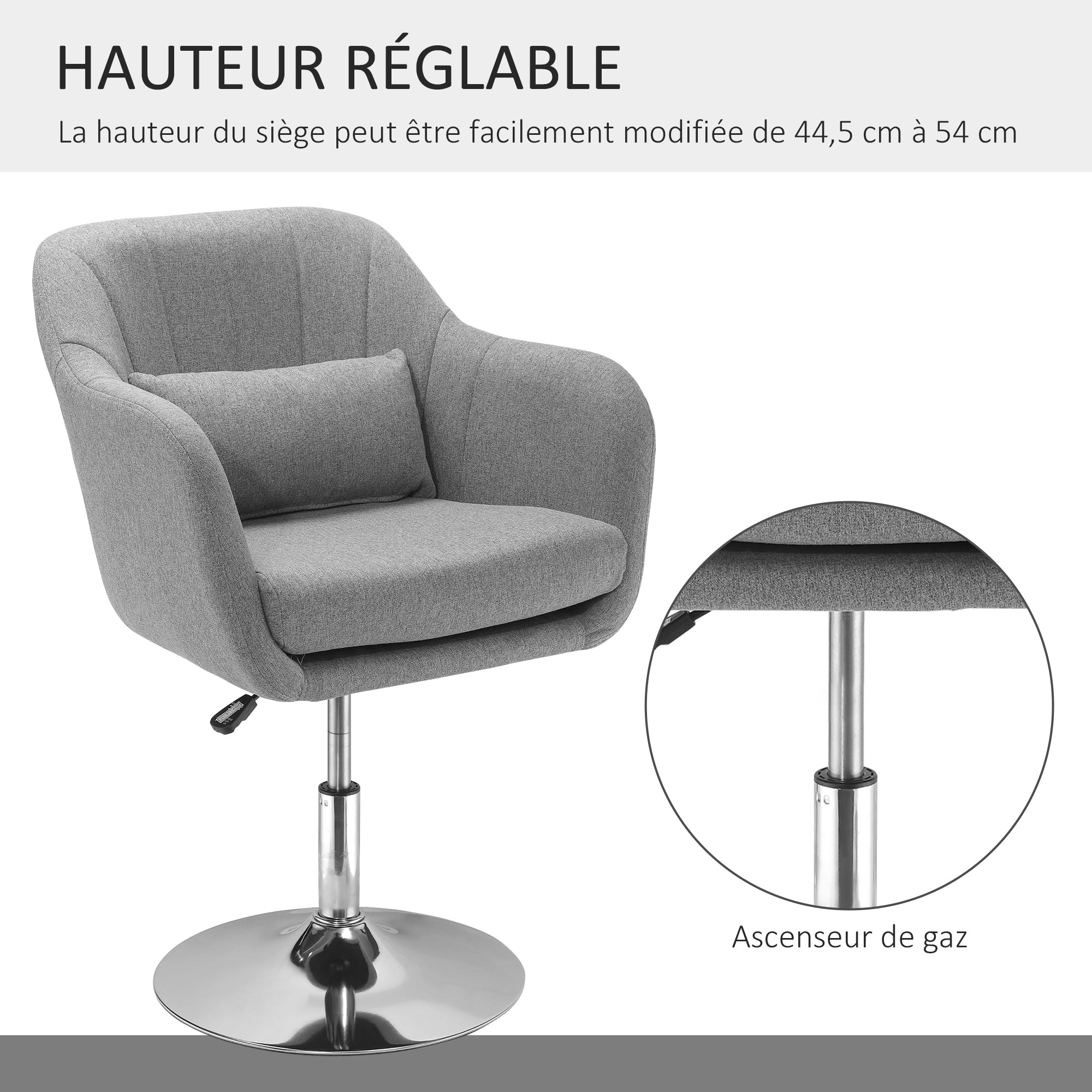 Fauteuil de salon chaise relax fauteuil de chambre grand confort - coussins lombaires hauteur réglable pivotant 360° piètement en métal chromé - gris