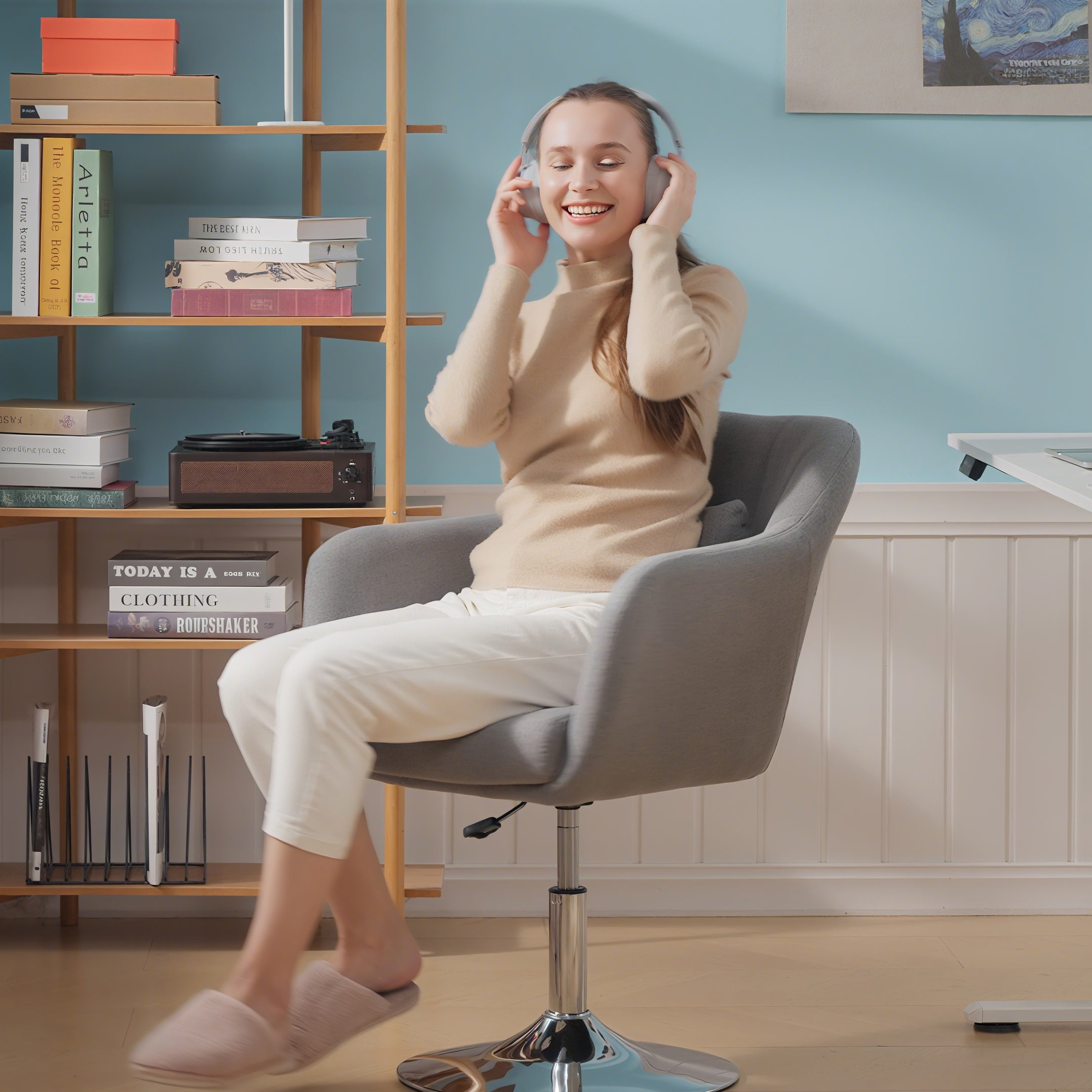 Fauteuil de salon chaise relax fauteuil de chambre grand confort - coussins lombaires hauteur réglable pivotant 360° piètement en métal chromé - gris