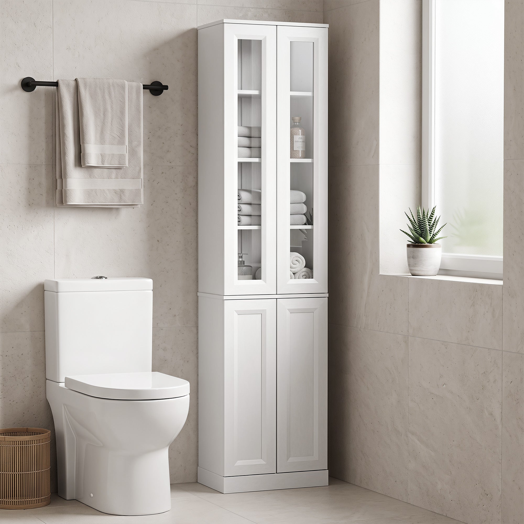 Meuble de Salle de Bain 6 niveaux, Meuble de Rangement, Colonne Salle de Bain, 4 Portes à Fermeture Douce dont 2 Acrylique, Étagères Réglables, pour Salon, Chambre, Buanderie, 38x26x160cm Blanc