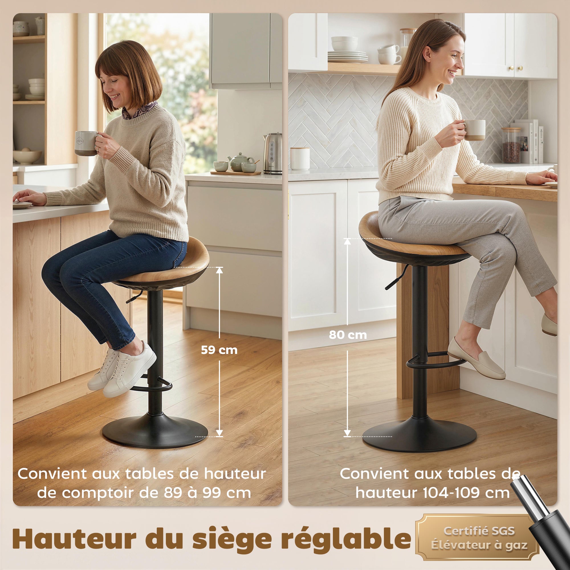 Lot de 2 tabourets de bar, chaises de bar réglables en hauteur, repose-pieds, pivotant 360°, assise selle effet bois en PU, base en acier, pour salle à manger, comptoir, 40x40x63-84cm, chêne