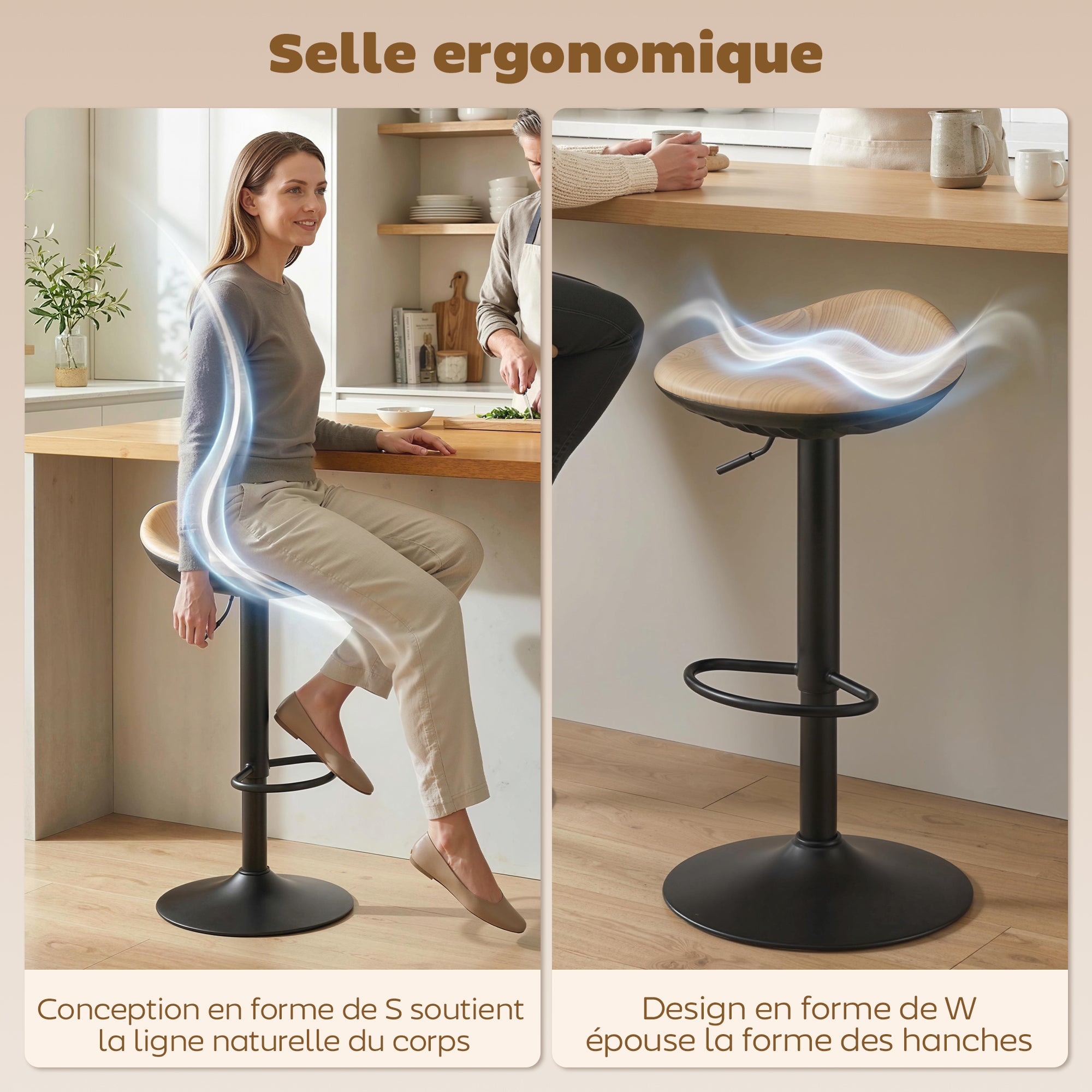 Lot de 2 tabourets de bar, chaises de bar réglables en hauteur, repose-pieds, pivotant 360°, assise selle effet bois en PU, base en acier, pour salle à manger, comptoir, 40x40x63-84cm, chêne