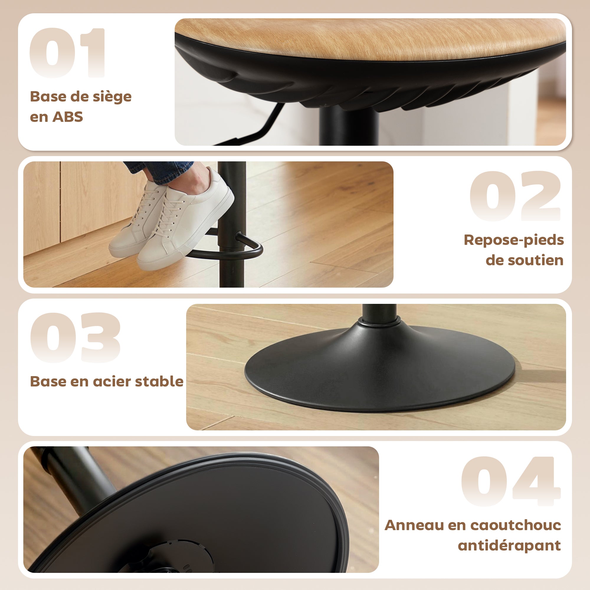 Lot de 2 tabourets de bar, chaises de bar réglables en hauteur, repose-pieds, pivotant 360°, assise selle effet bois en PU, base en acier, pour salle à manger, comptoir, 40x40x63-84cm, chêne