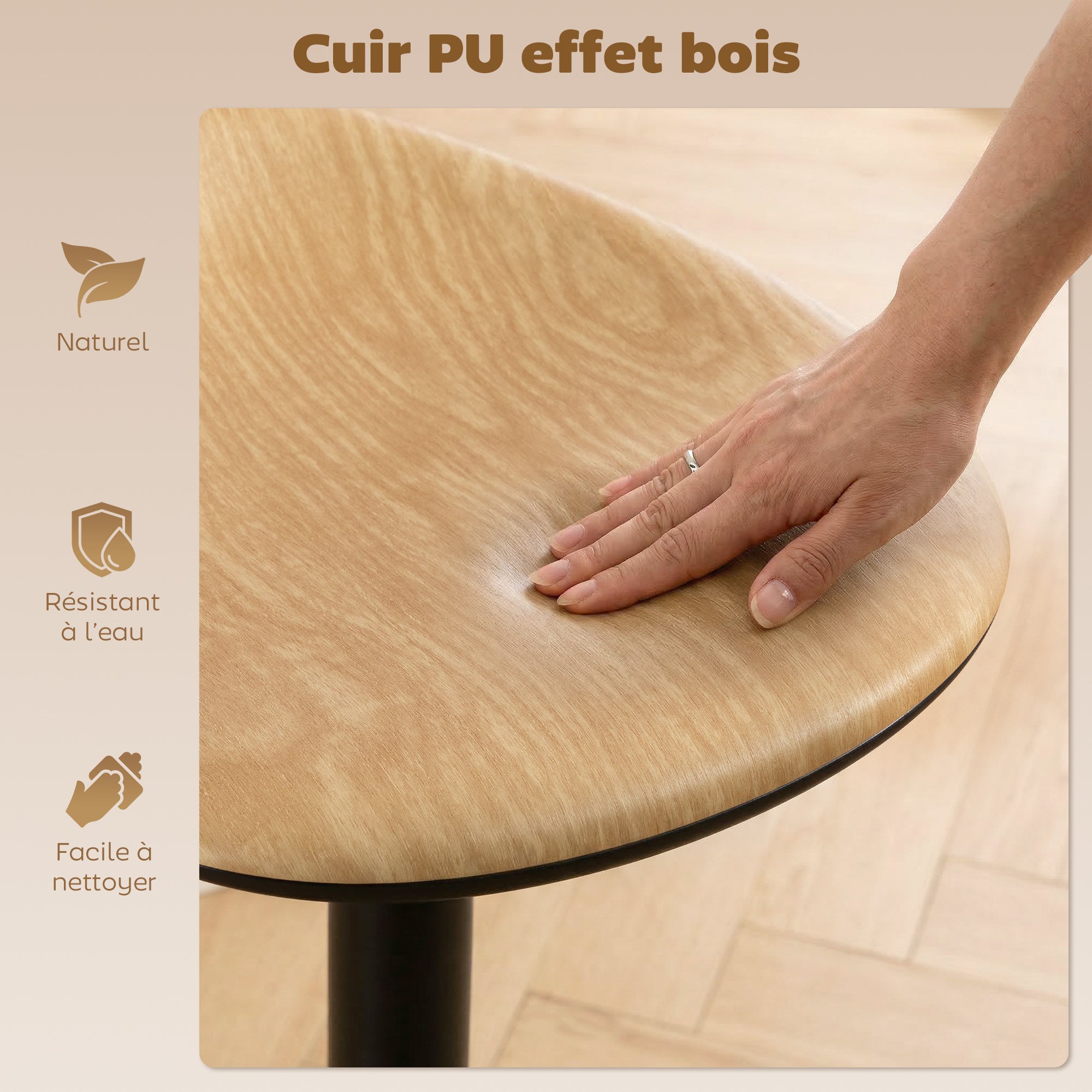 Lot de 2 tabourets de bar, chaises de bar réglables en hauteur, repose-pieds, pivotant 360°, assise selle effet bois en PU, base en acier, pour salle à manger, comptoir, 40x40x63-84cm, chêne