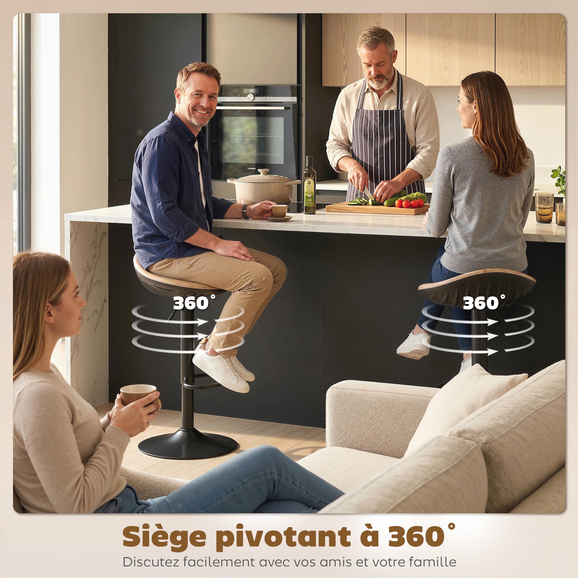 Lot de 2 tabourets de bar, chaises de bar réglables en hauteur, repose-pieds, pivotant 360°, assise selle effet bois en PU, base en acier, pour salle à manger, comptoir, 40x40x63-84cm, chêne