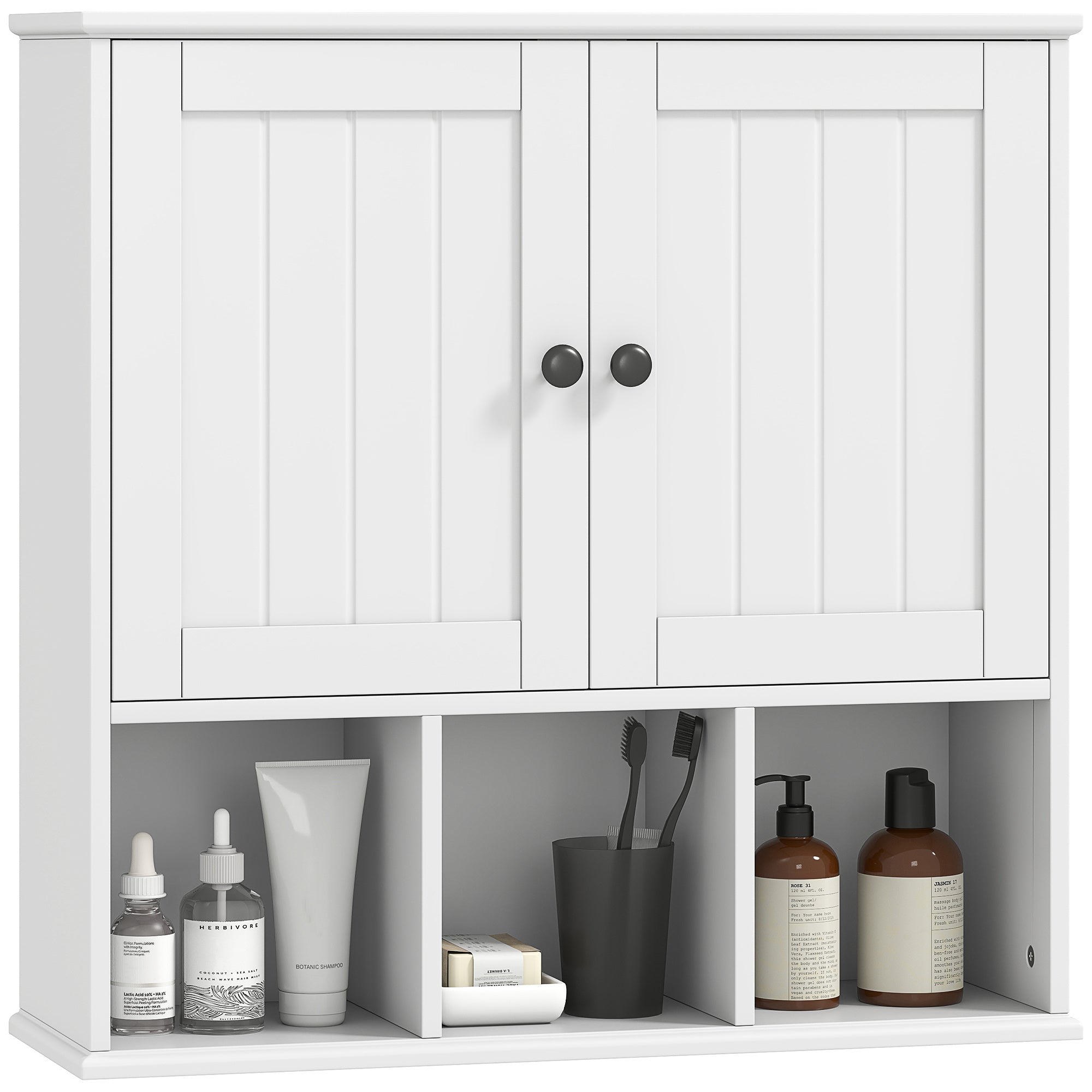 Armoire murale de salle de bain, meuble de rangement suspendu pour salle de bains avec 2 portes, étagère réglable et compartiments ouverts, meuble WC suspendu, 60 x 19,5 x 60 cm, blanc