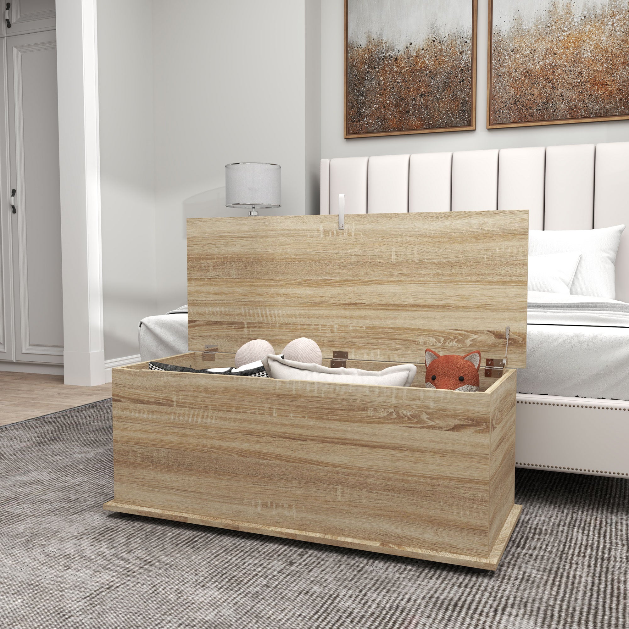 Coffre de rangement, banc de rangement avec couvercle rabattable et charnières de sécurité, banc chaussures, meuble d'entrée, couloir, chambre, salon, 100 x 40 x 40 cm, effet bois naturel