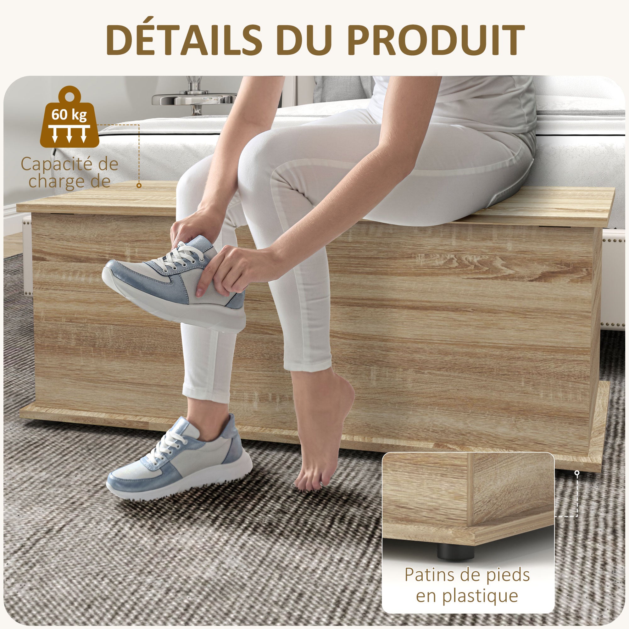 Coffre de rangement, banc de rangement avec couvercle rabattable et charnières de sécurité, banc chaussures, meuble d'entrée, couloir, chambre, salon, 100 x 40 x 40 cm, effet bois naturel