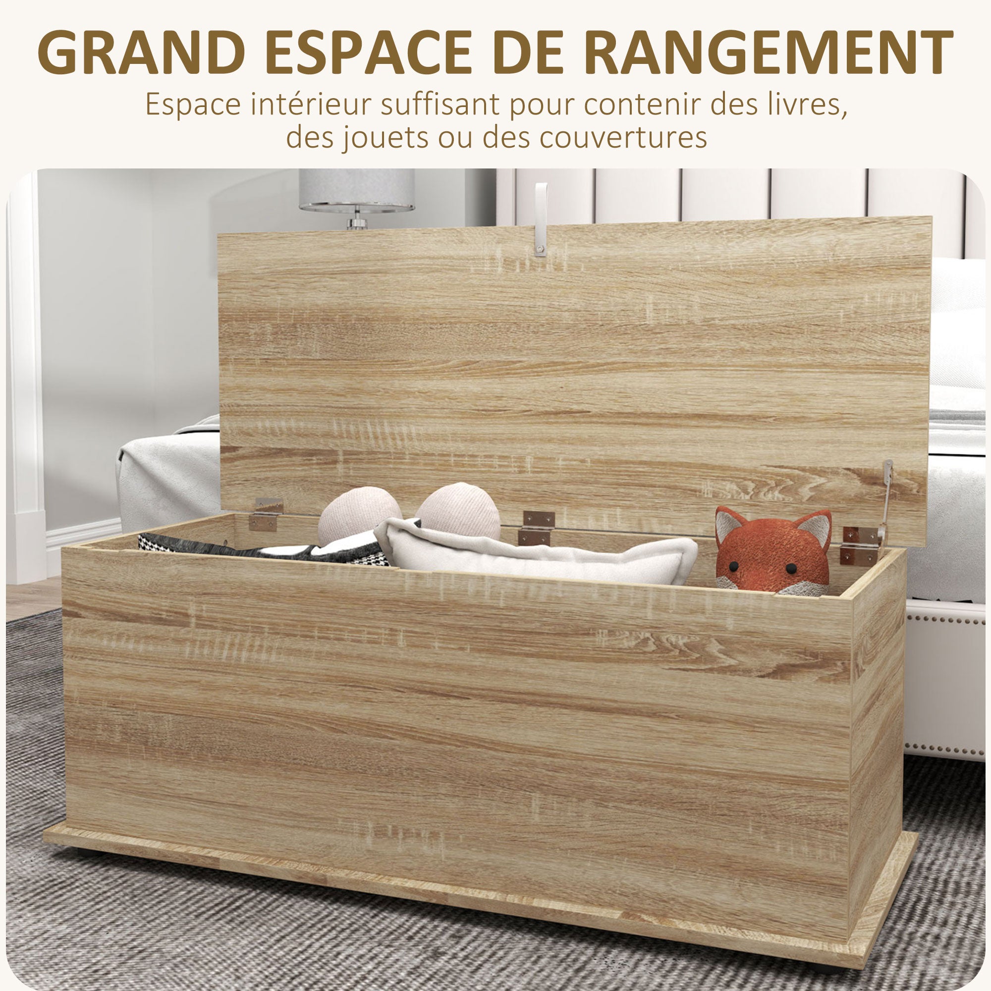 Coffre de rangement, banc de rangement avec couvercle rabattable et charnières de sécurité, banc chaussures, meuble d'entrée, couloir, chambre, salon, 100 x 40 x 40 cm, effet bois naturel