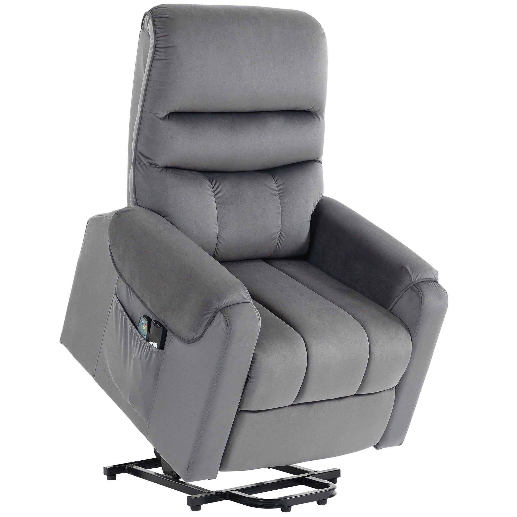 Fauteuil releveur électrique massage vibration et chaleur, fauteuil relax électrique en velours, dossier inclinable, coussin épais, repose-pieds, poches latérales, télécommande, gris foncé