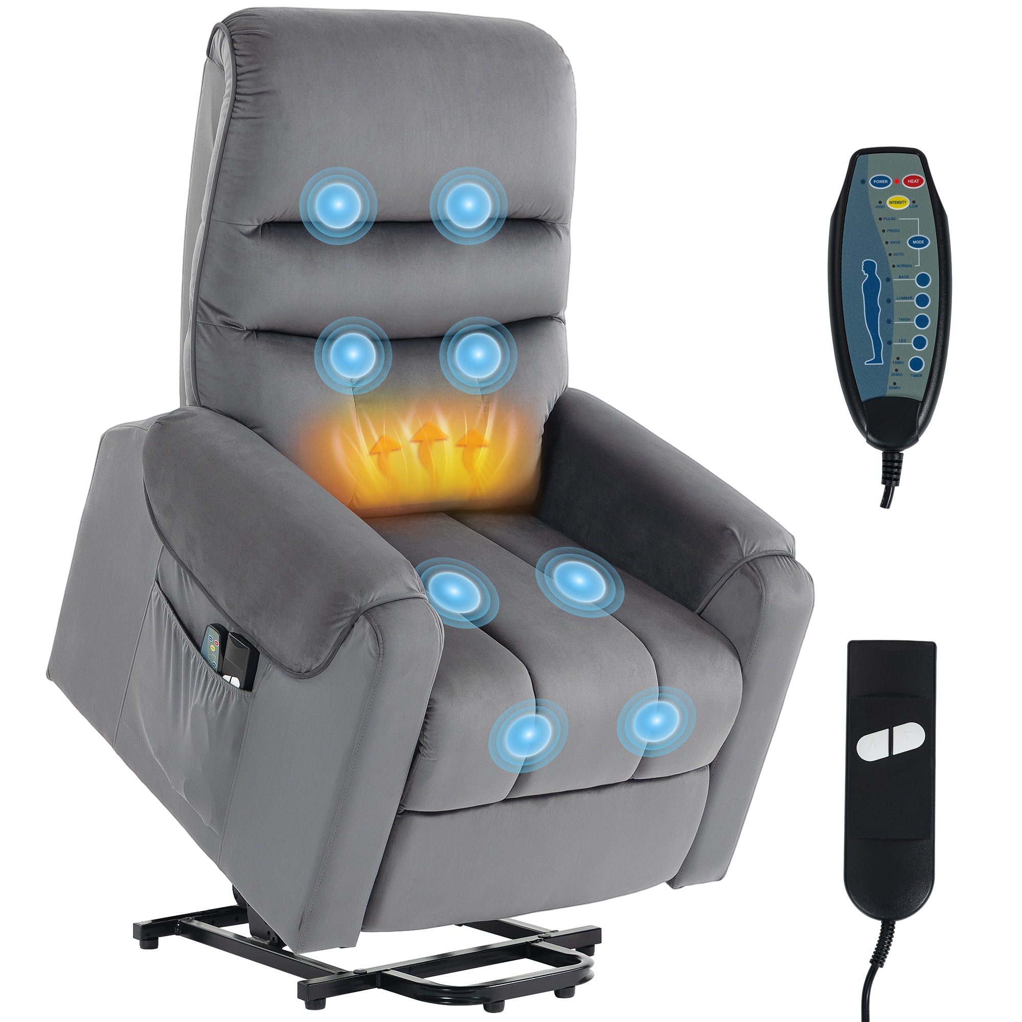 Fauteuil releveur électrique massage vibration et chaleur, fauteuil relax électrique en velours, dossier inclinable, coussin épais, repose-pieds, poches latérales, télécommande, gris foncé