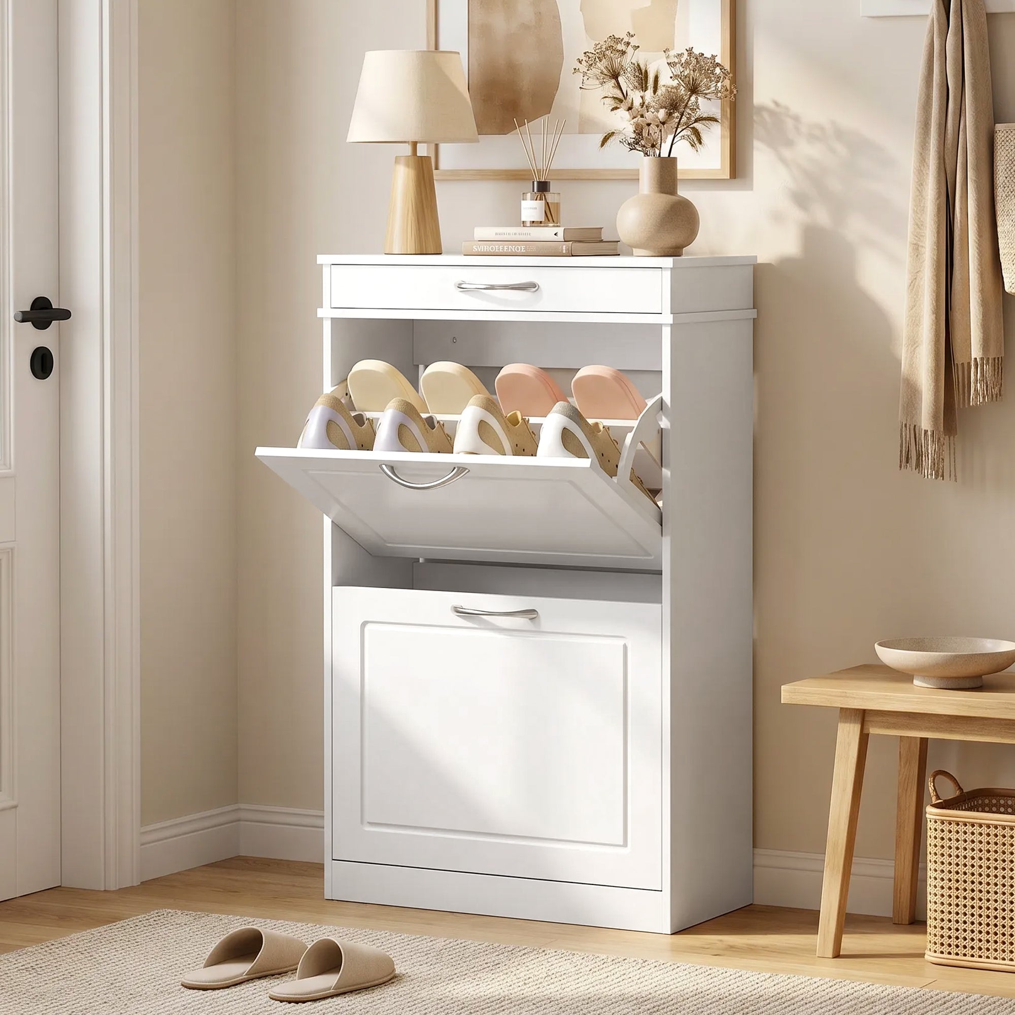 Meuble chaussure 8 paires, armoire à chaussures étroit avec tiroir et 2 portes abattants et étagère réglable, meuble d'entrée et couloir, 53 x 26,5 x 89 cm, blanc