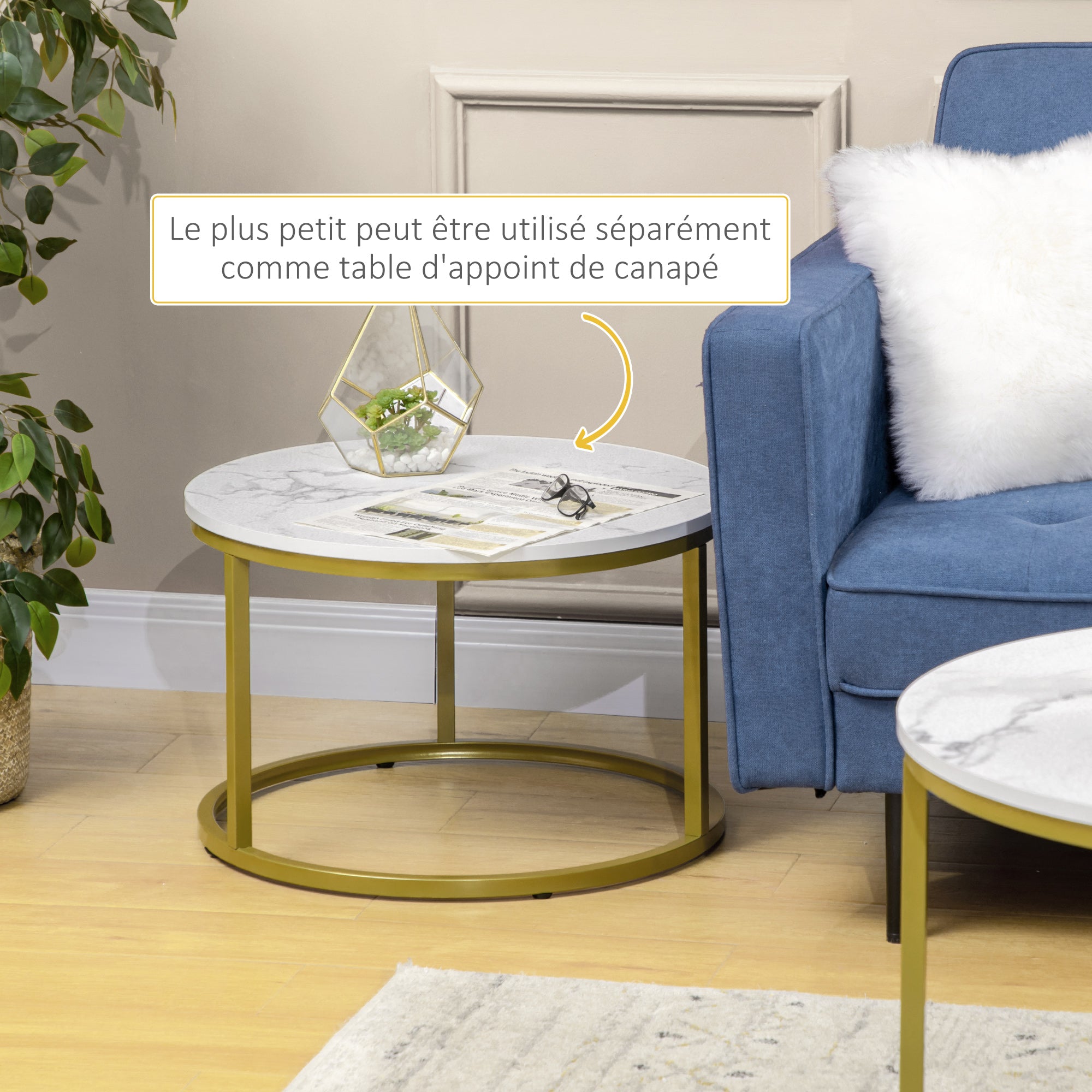 Lot de 2 tables basses gigognes tables rondes plateau blanc aspect marbre et pied en acier doré