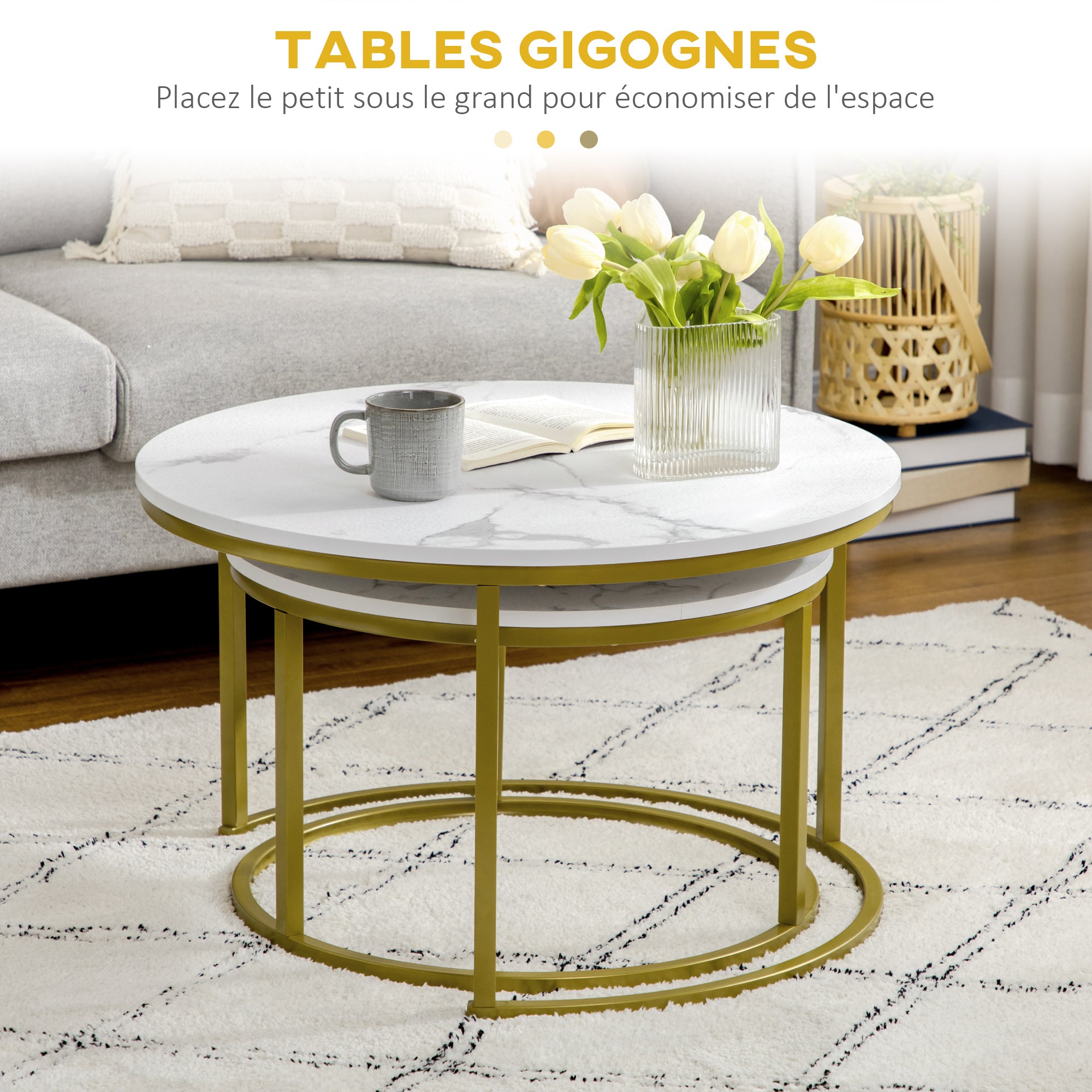 Lot de 2 tables basses gigognes tables rondes plateau blanc aspect marbre et pied en acier doré