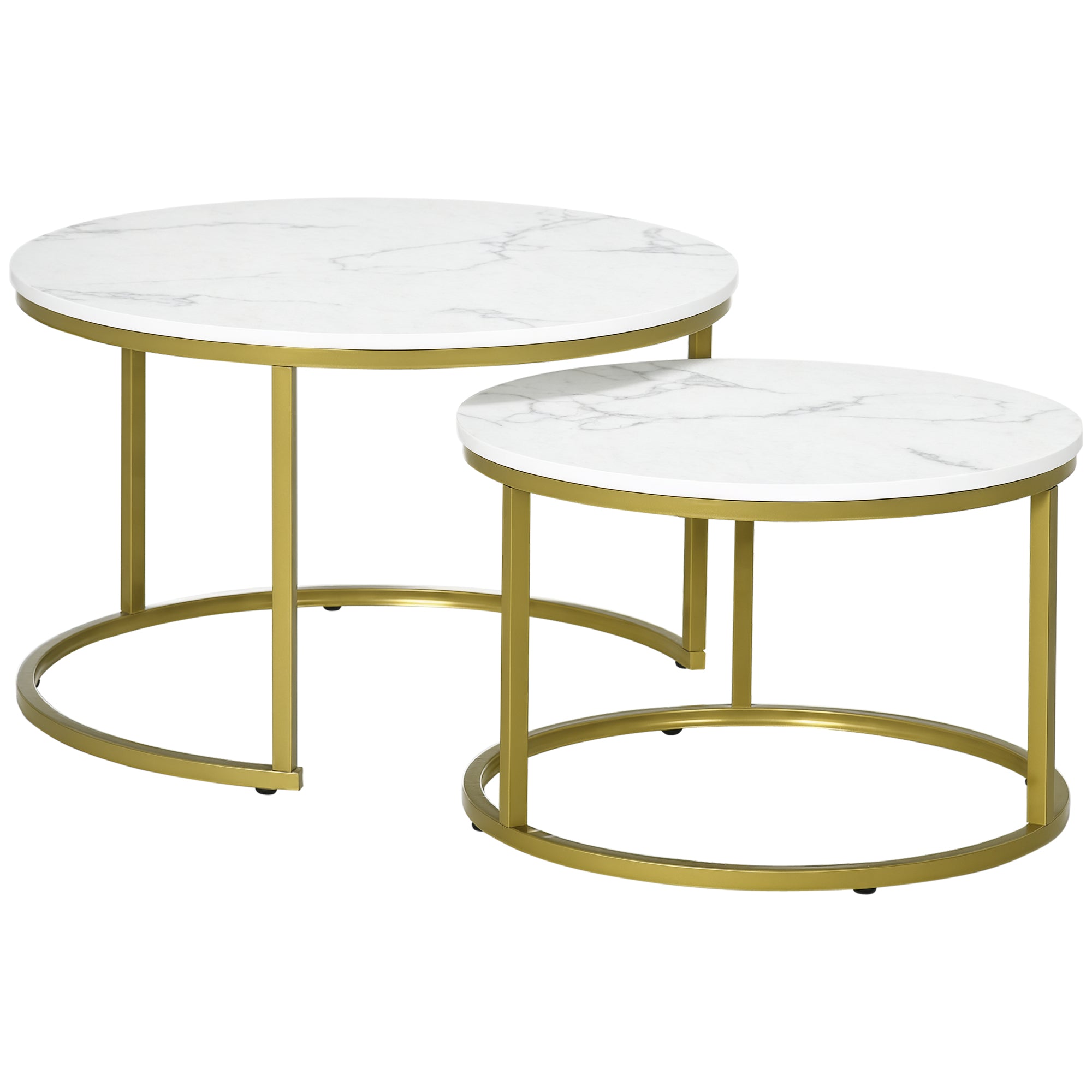 Lot de 2 tables basses gigognes tables rondes plateau blanc aspect marbre et pied en acier doré