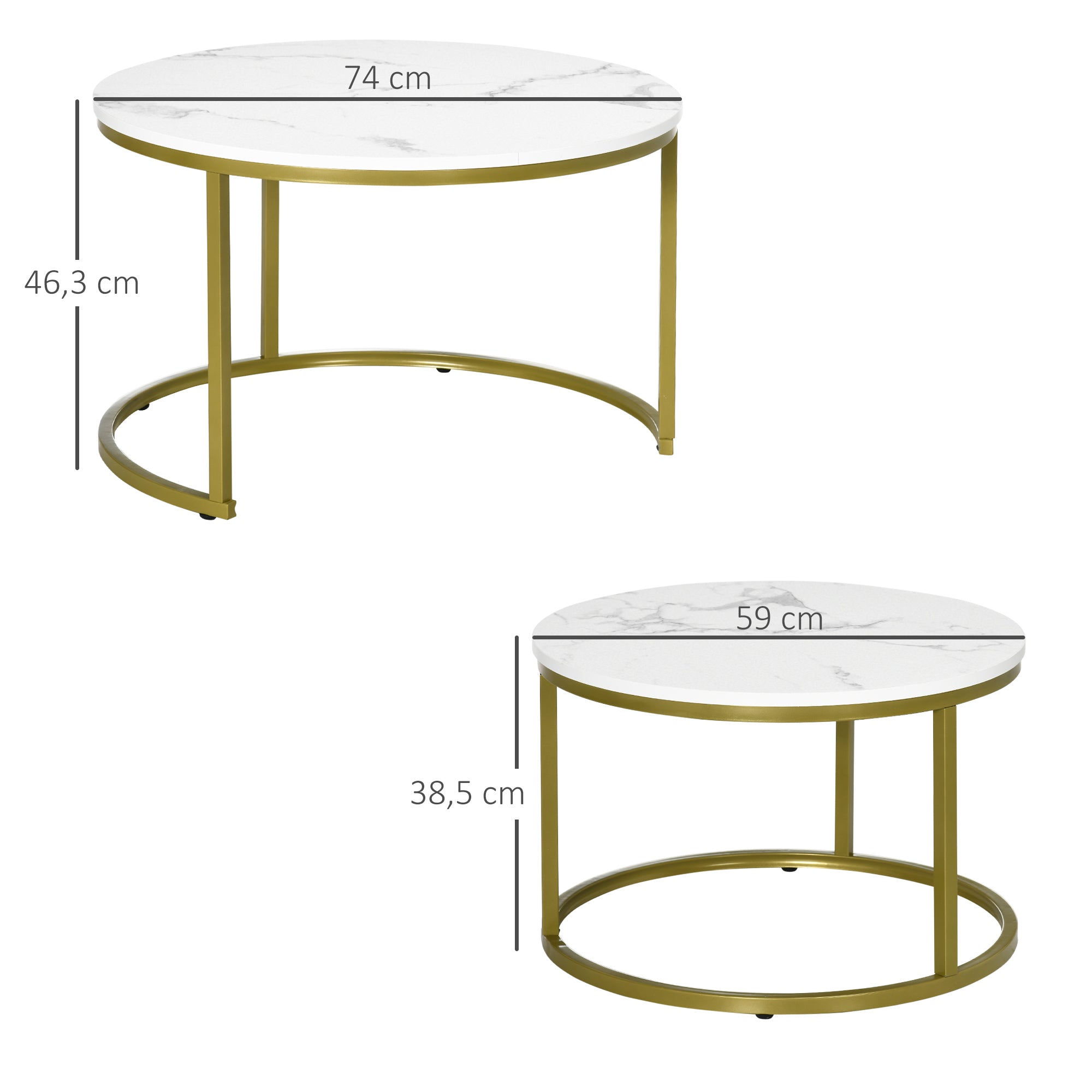 Lot de 2 tables basses gigognes tables rondes plateau blanc aspect marbre et pied en acier doré