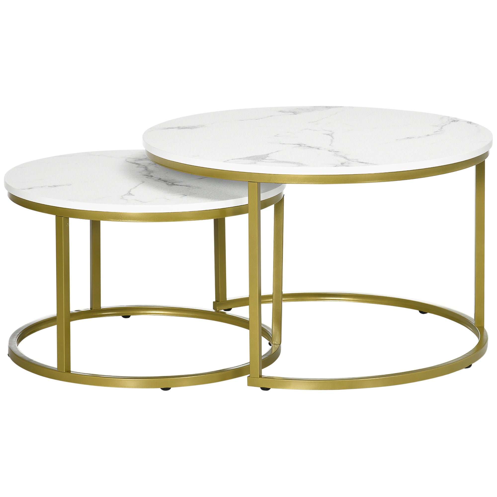 Lot de 2 tables basses gigognes tables rondes plateau blanc aspect marbre et pied en acier doré
